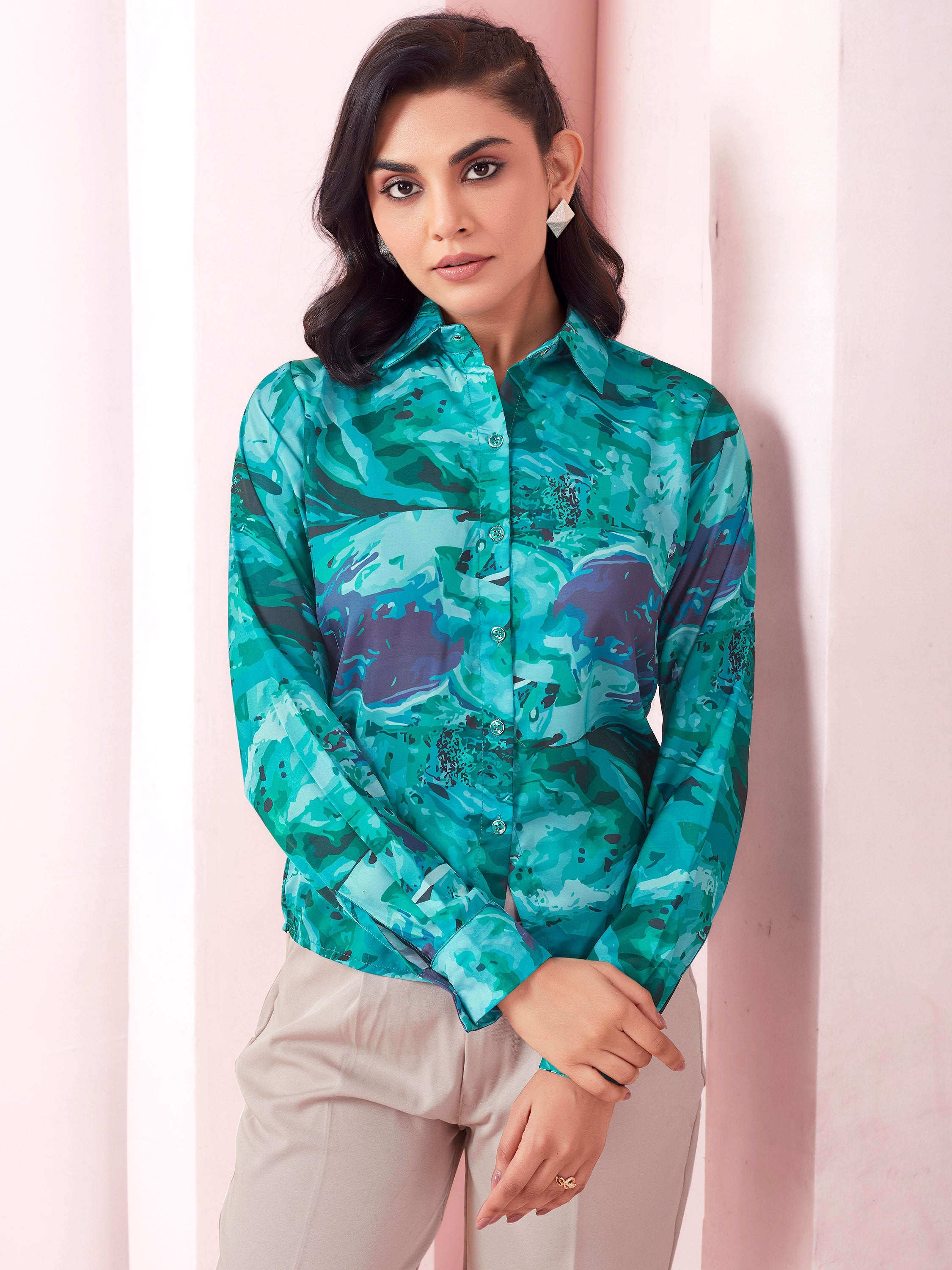 Marble Print Full Sleeves Collared Satin Shirt - Teal Green