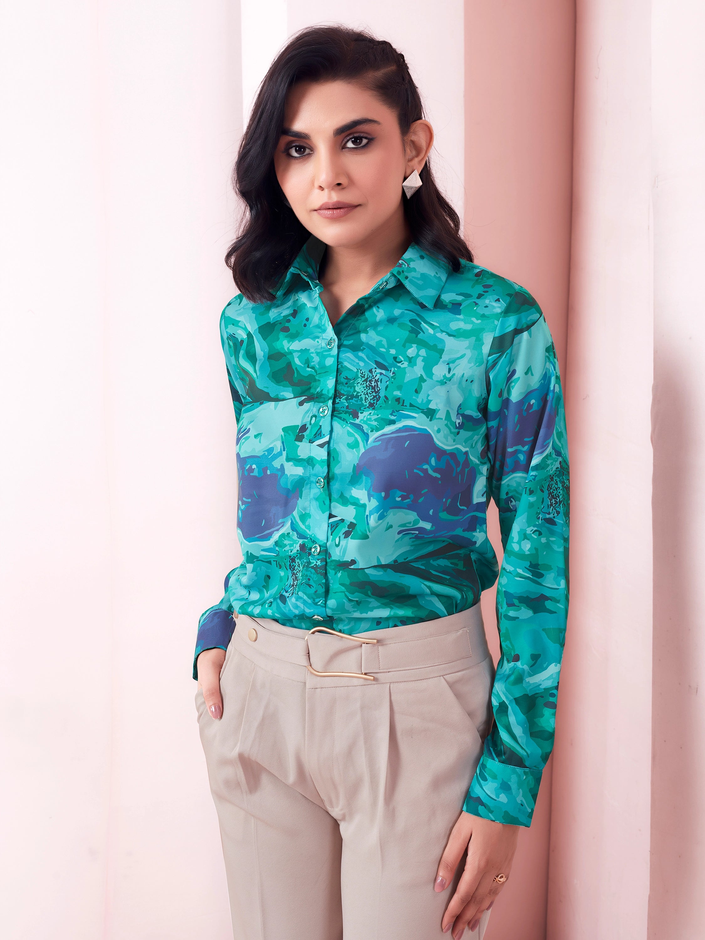 Marble Print Full Sleeves Collared Satin Shirt - Teal Green