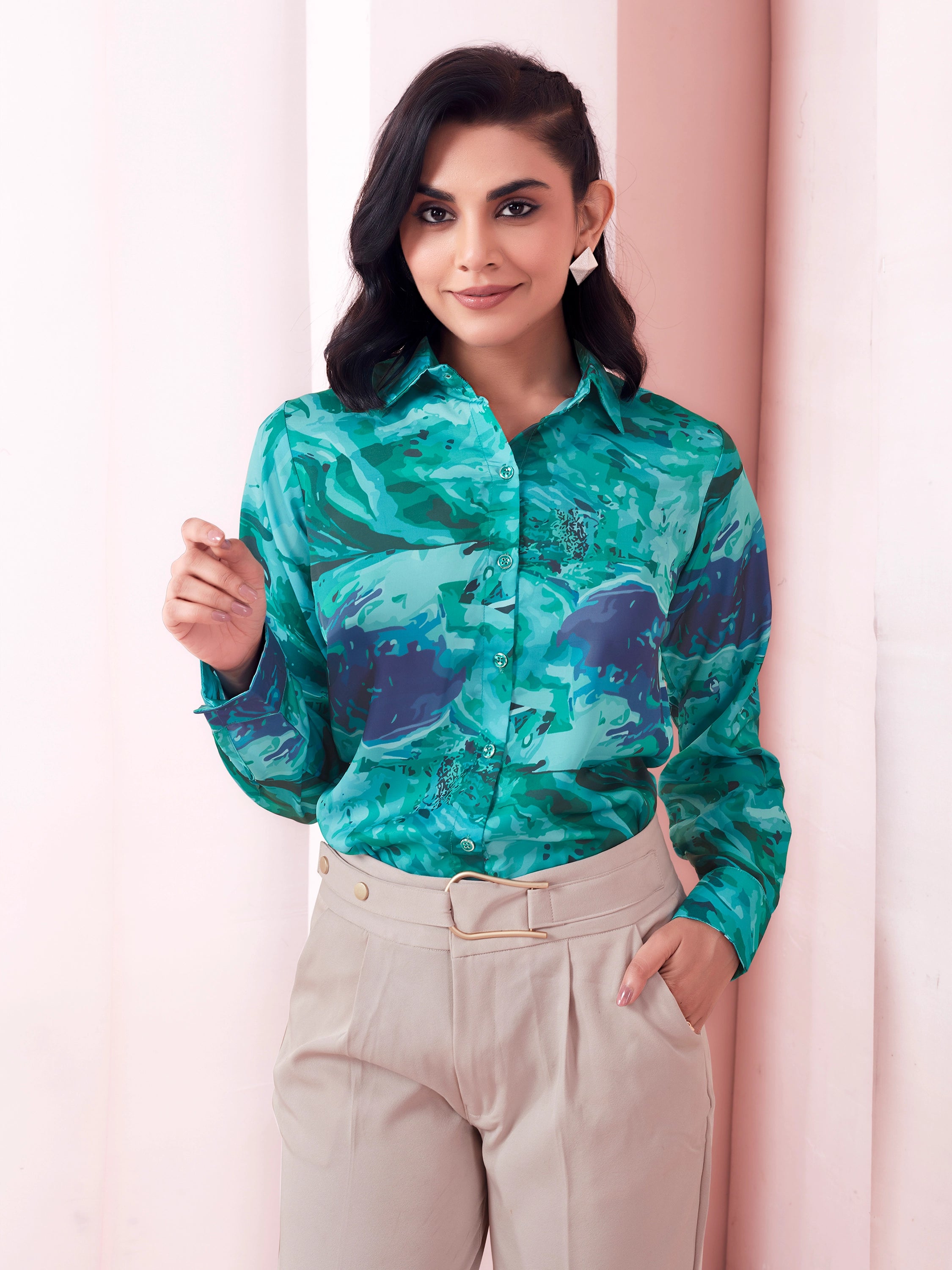 Marble Print Full Sleeves Collared Satin Shirt - Teal Green