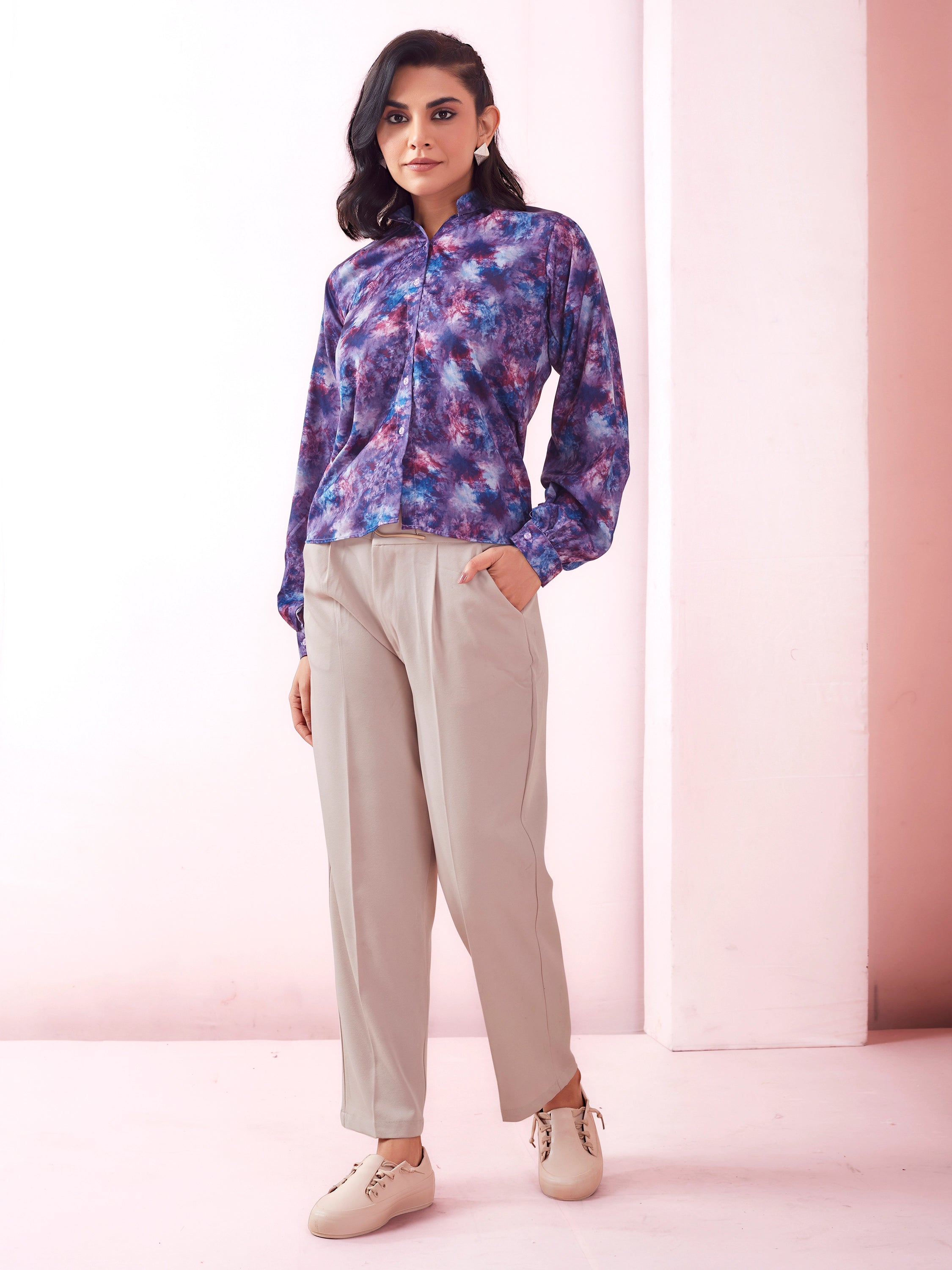 Tie Dye Print Mandarin Collar Satin Shirt