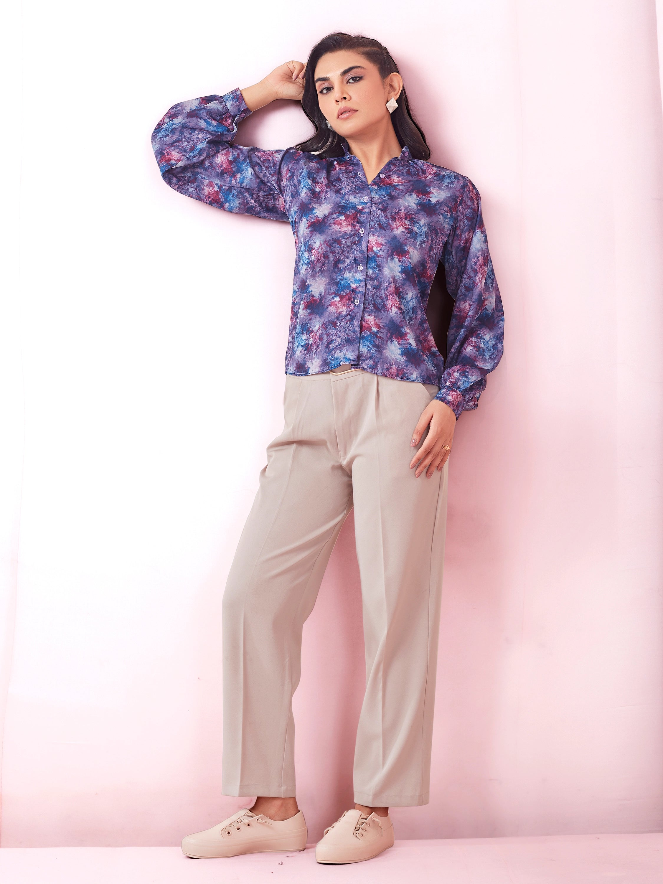 Tie Dye Print Mandarin Collar Satin Shirt