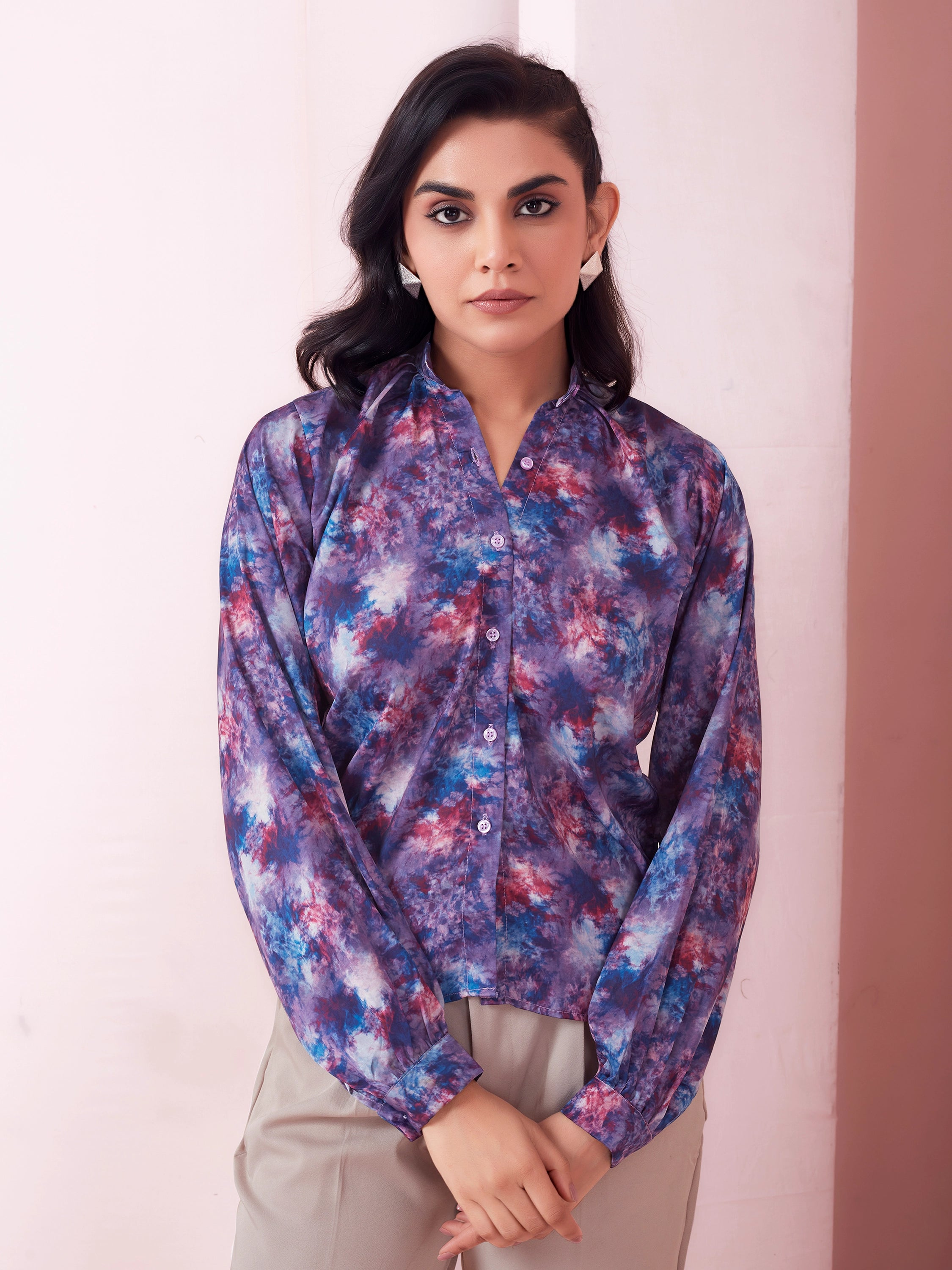 Tie Dye Print Mandarin Collar Satin Shirt