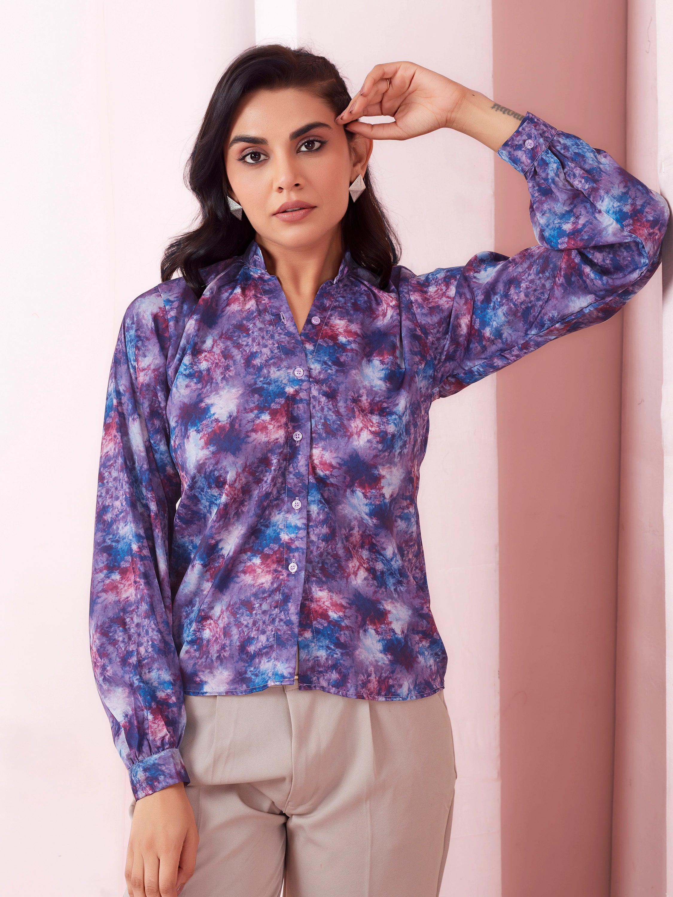 Tie Dye Print Mandarin Collar Satin Shirt