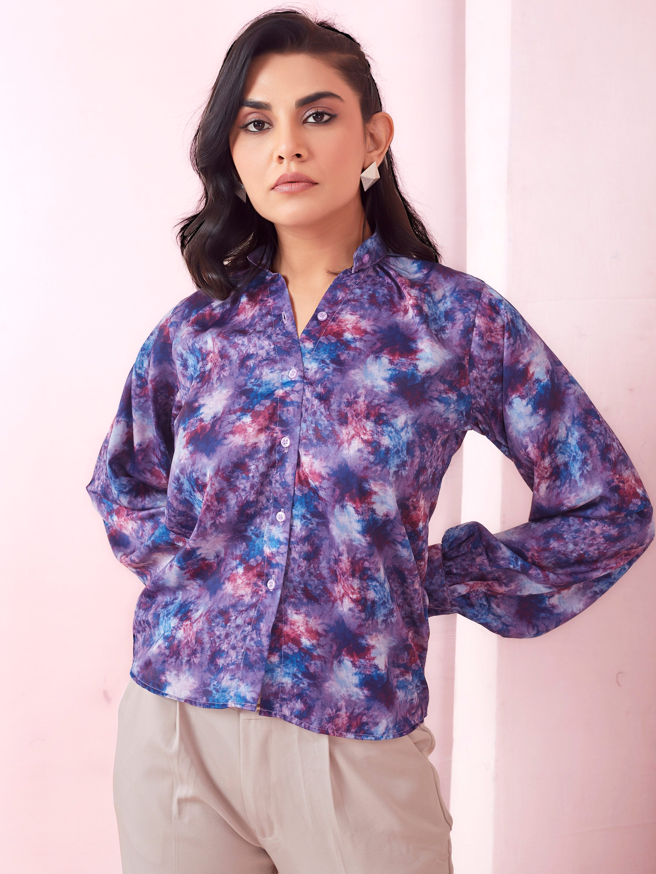 Tie Dye Print Mandarin Collar Satin Shirt