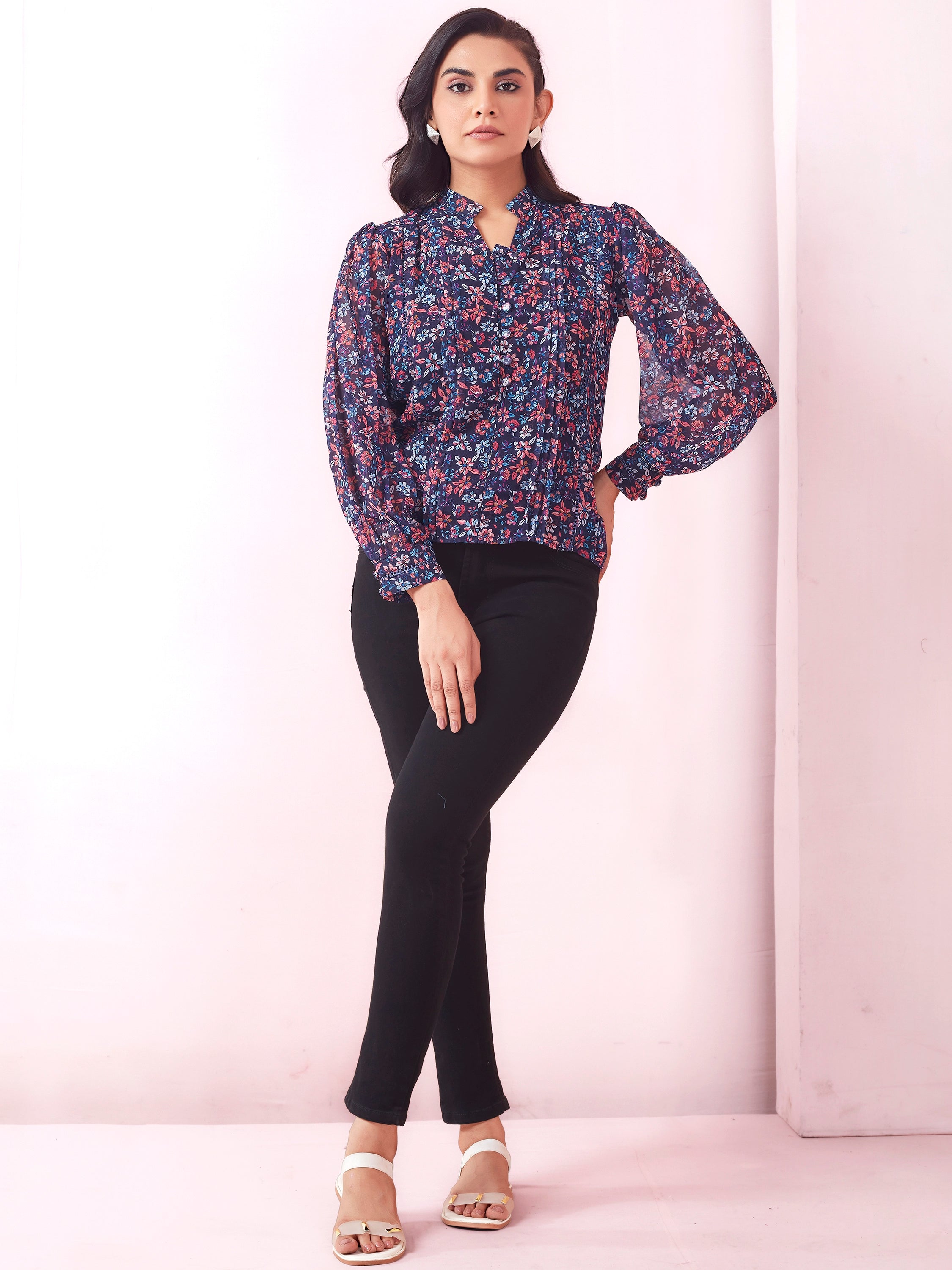 Blue Floral Print Mandarin Collar V Neck Casual Wear Georgette Top