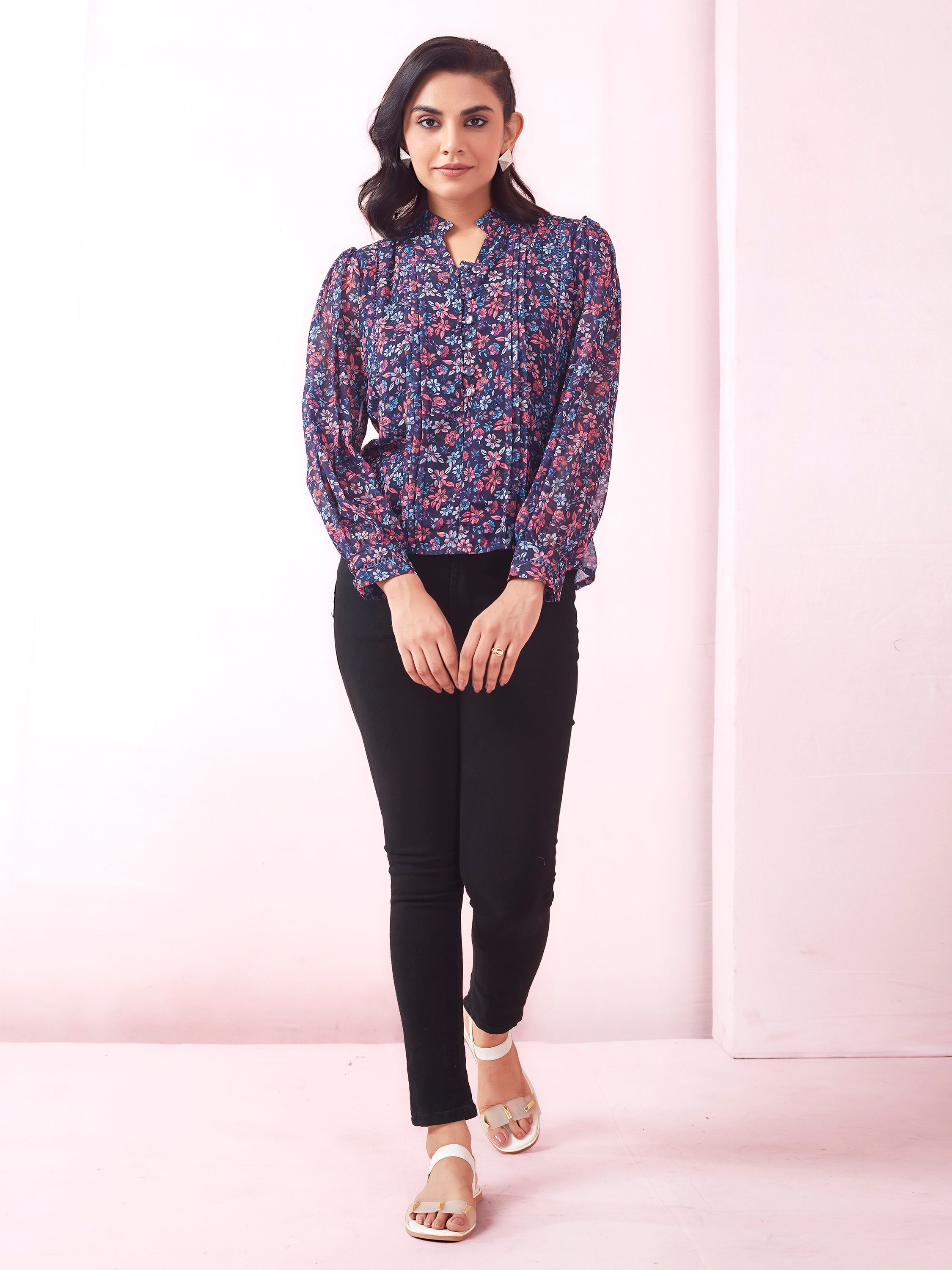 Blue Floral Print Mandarin Collar V Neck Casual Wear Georgette Top