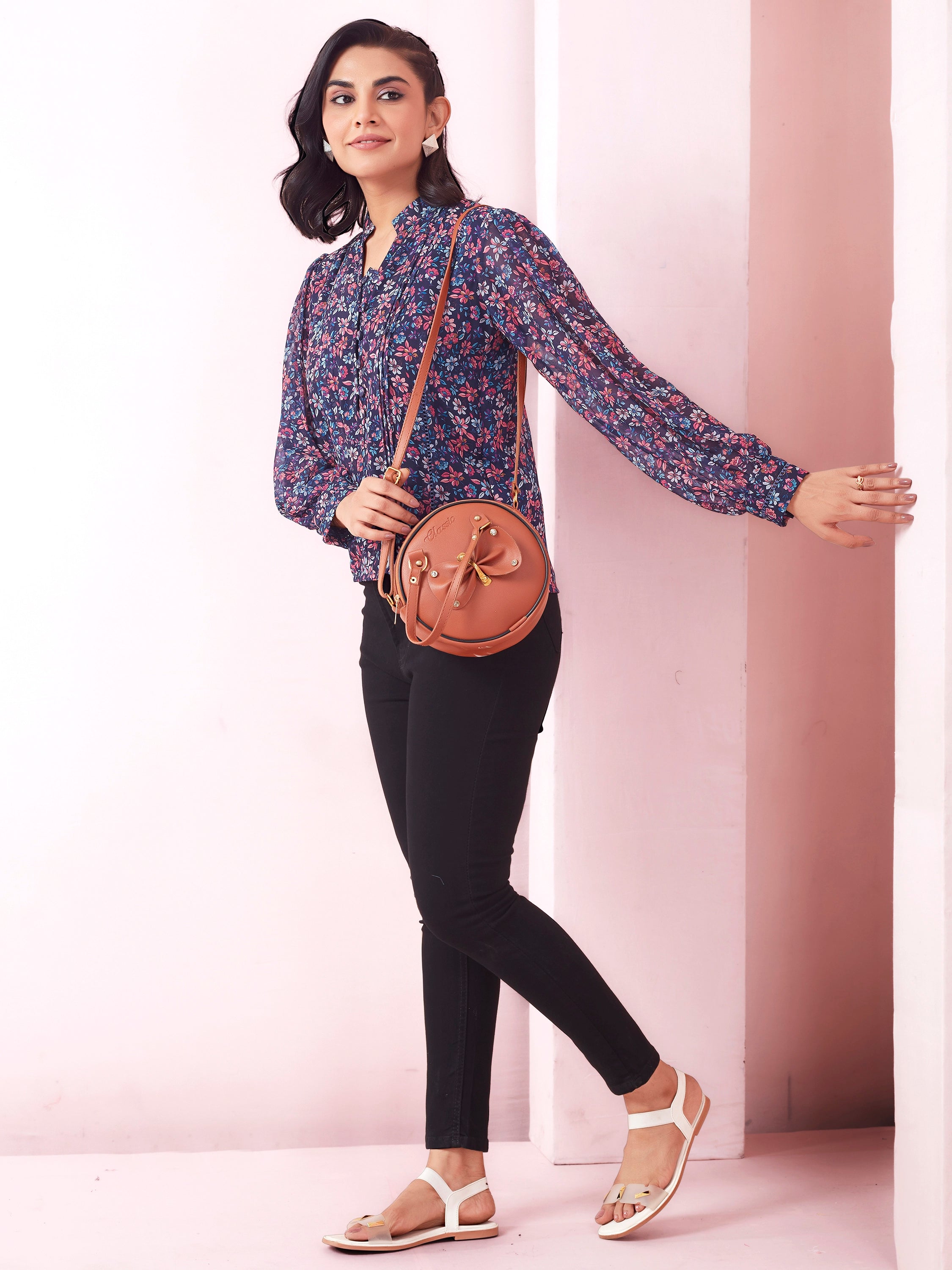 Blue Floral Print Mandarin Collar V Neck Casual Wear Georgette Top