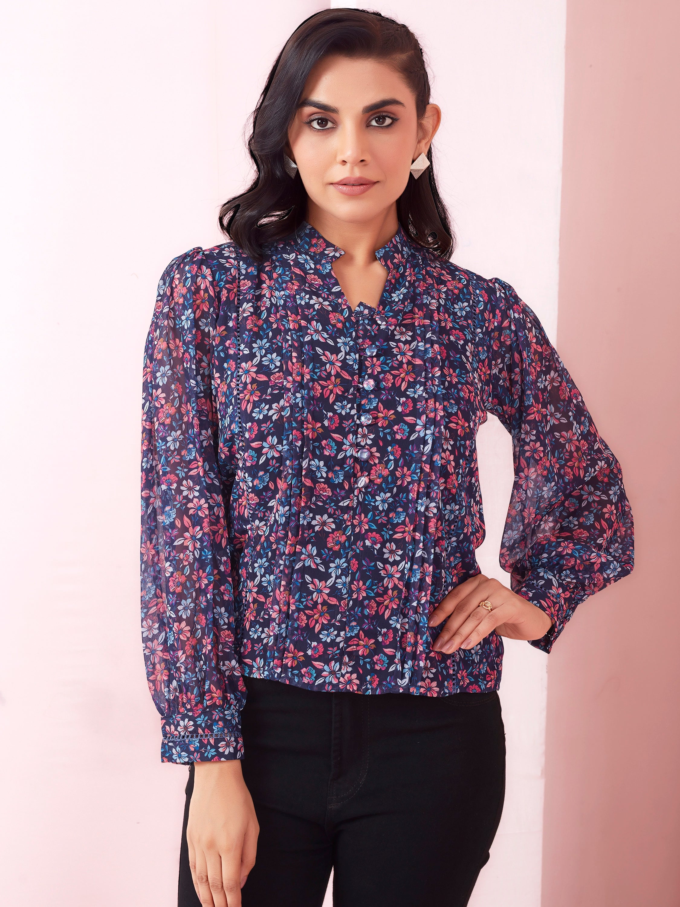 Blue Floral Print Mandarin Collar V Neck Casual Wear Georgette Top