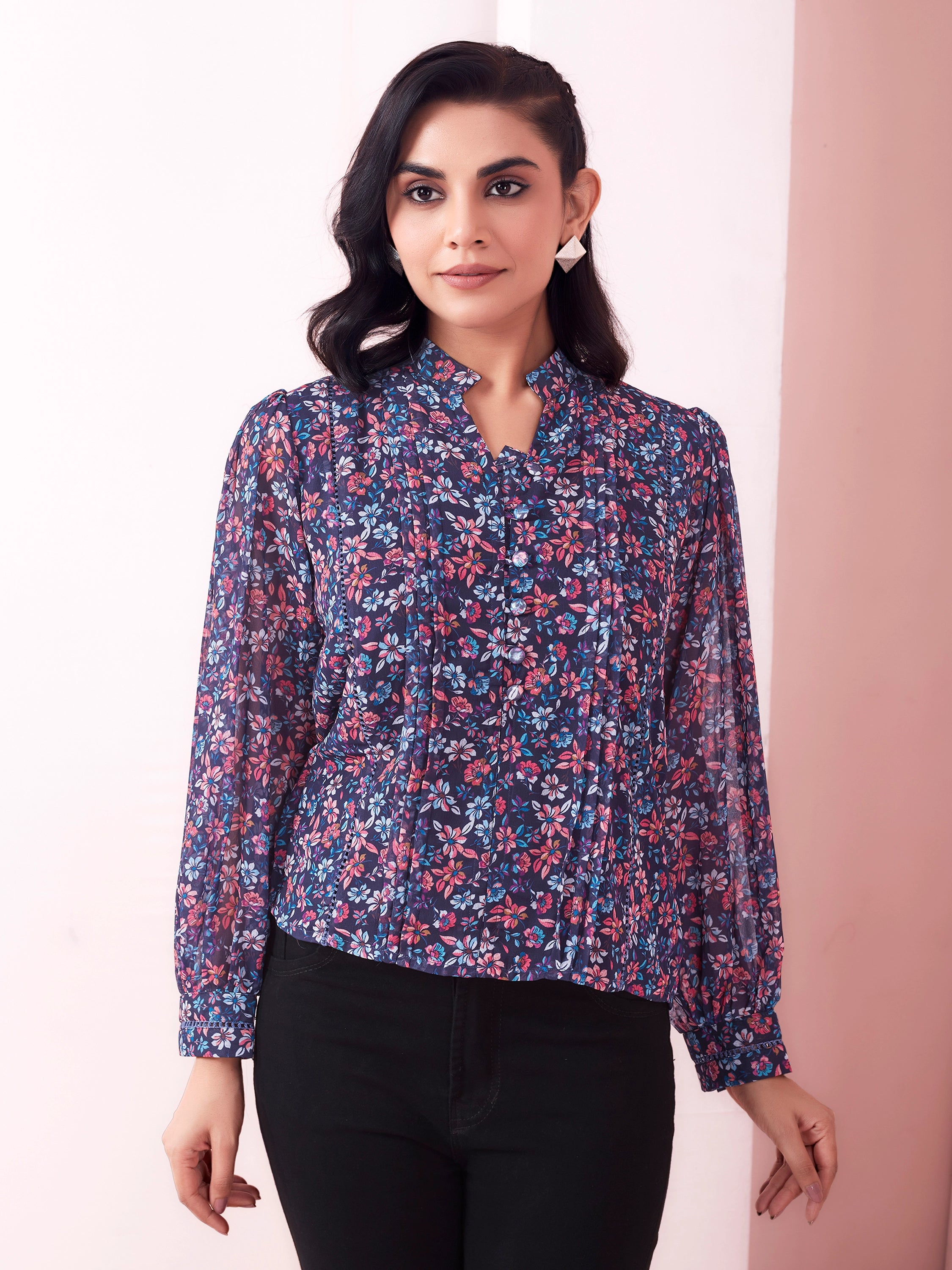 Blue Floral Print Mandarin Collar V Neck Casual Wear Georgette Top