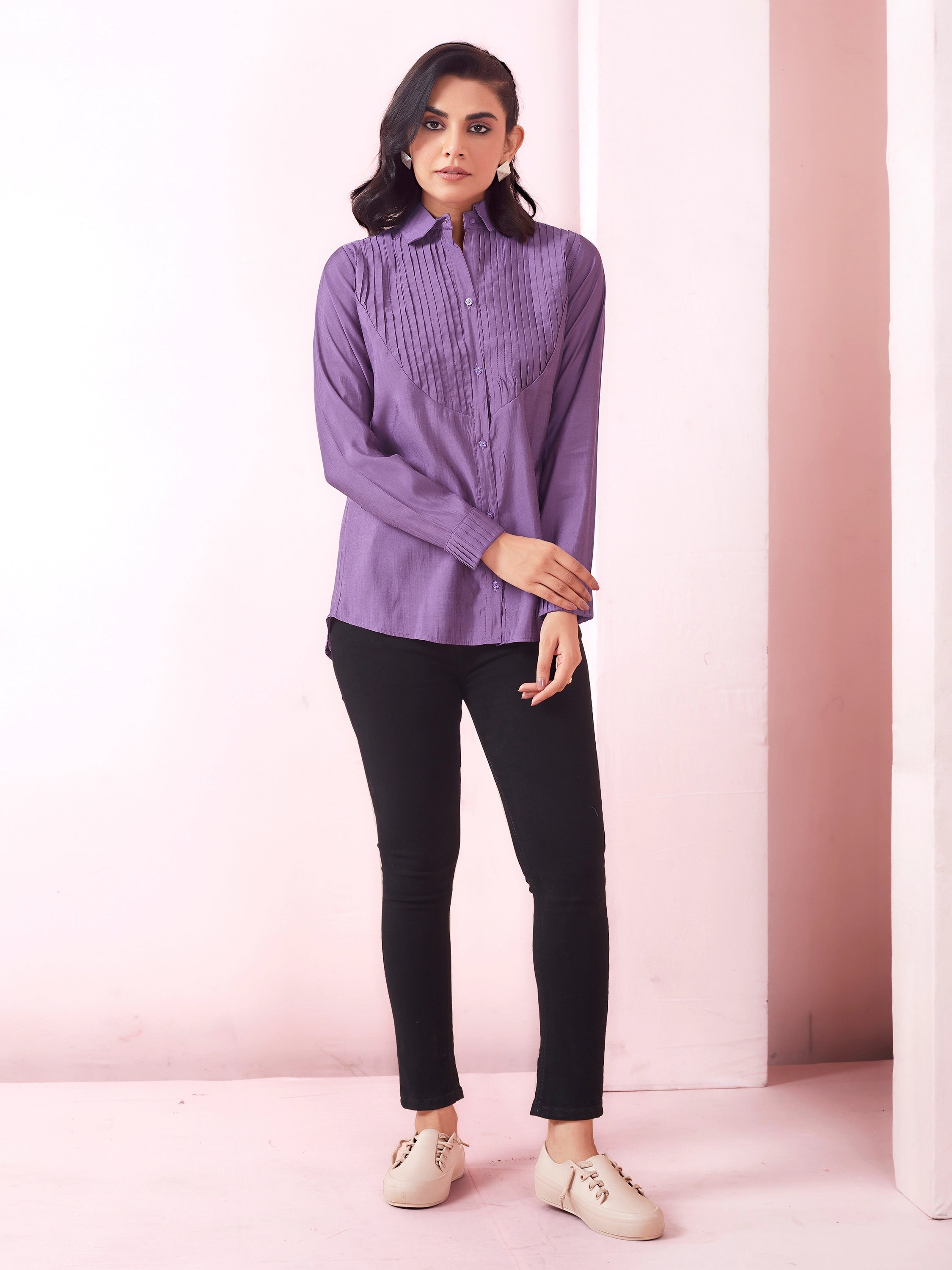 Solid Pleated Collared Shirt - Dark Lilac