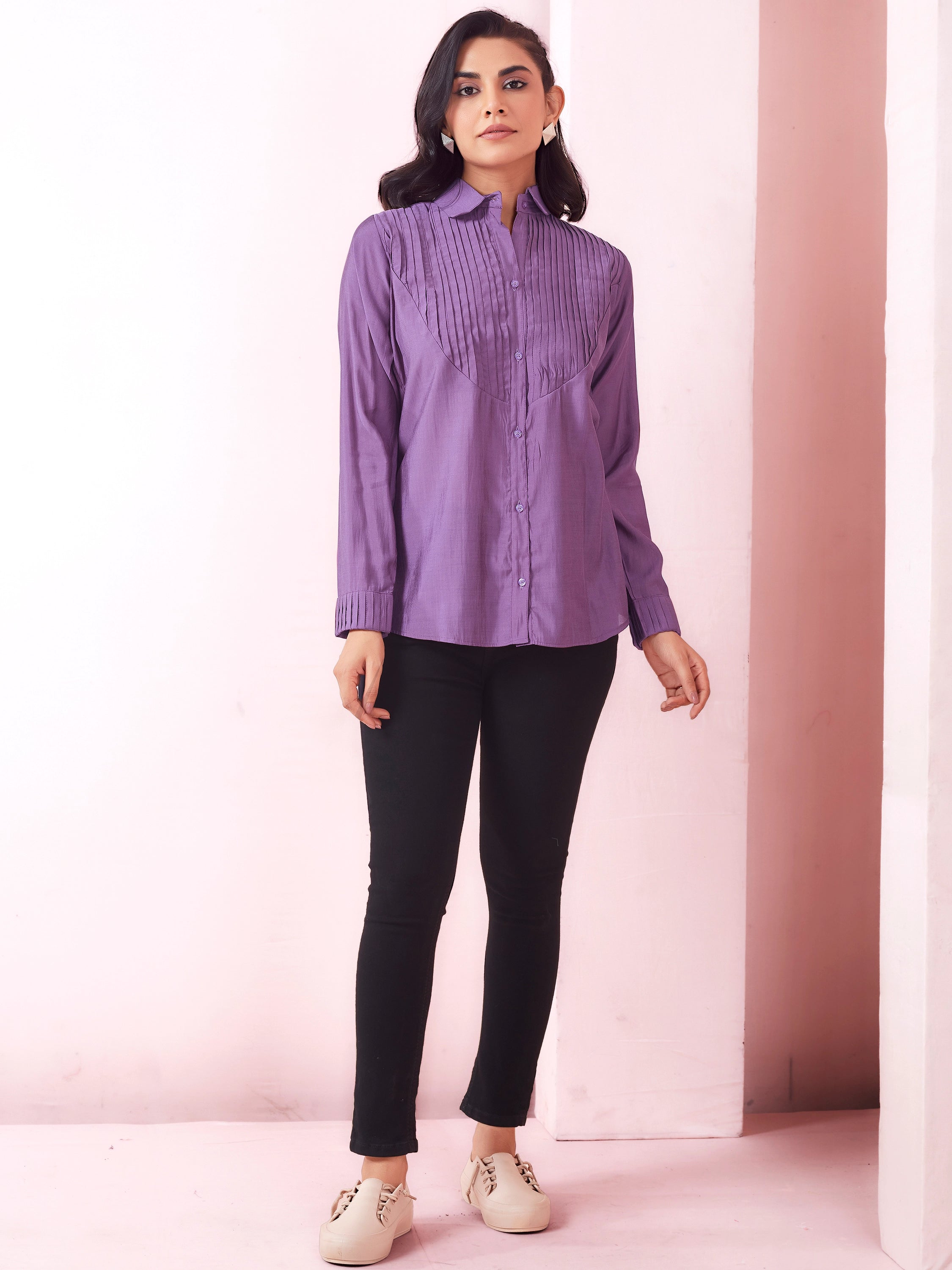 Solid Pleated Collared Shirt - Dark Lilac