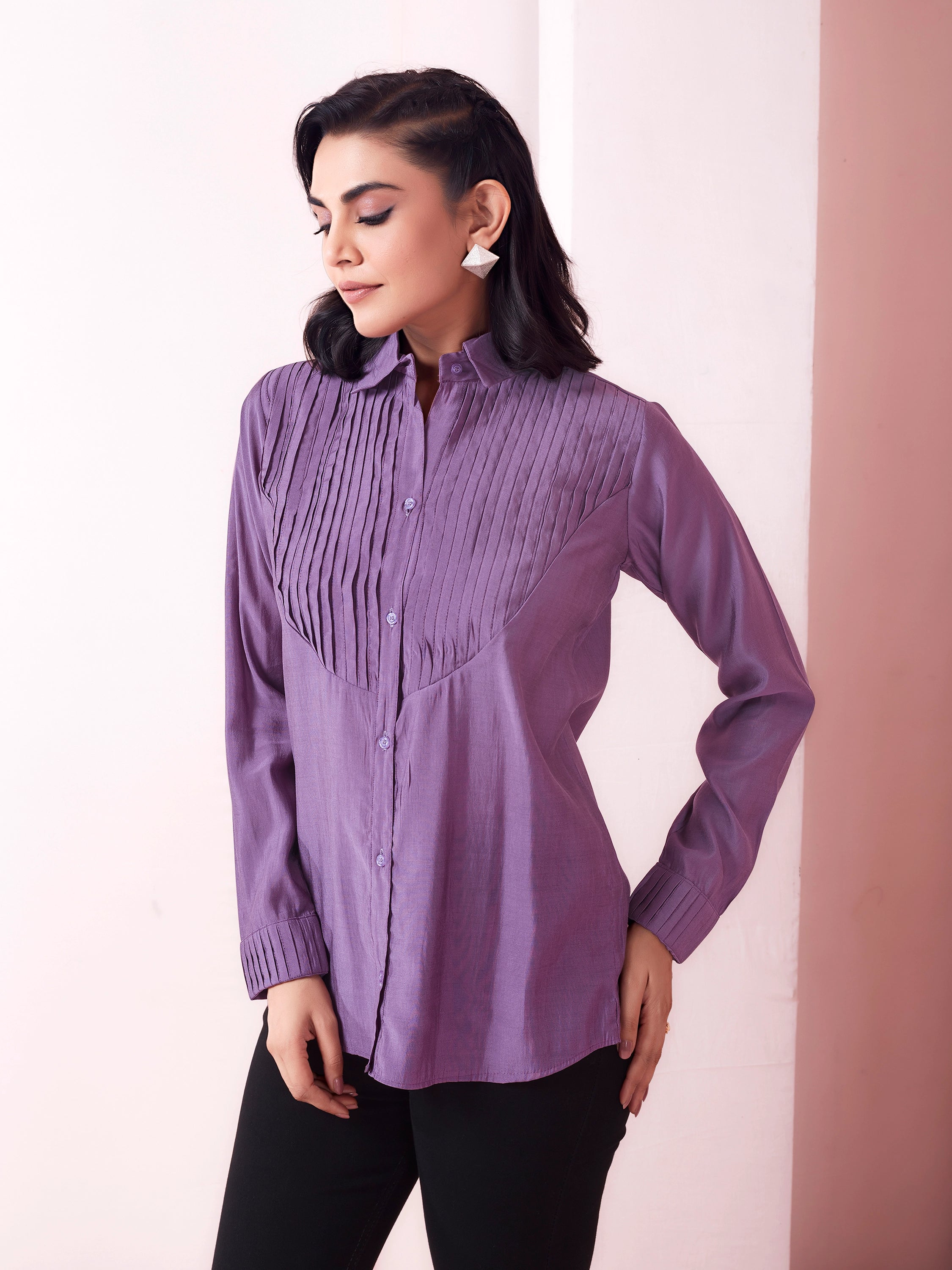 Solid Pleated Collared Shirt - Dark Lilac