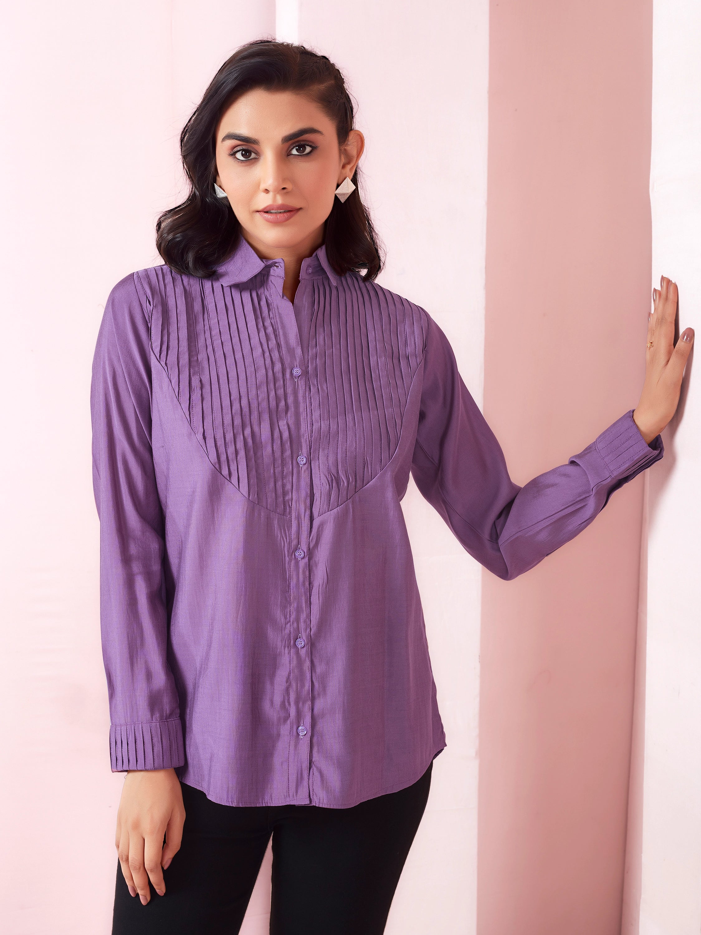 Solid Pleated Collared Shirt - Dark Lilac