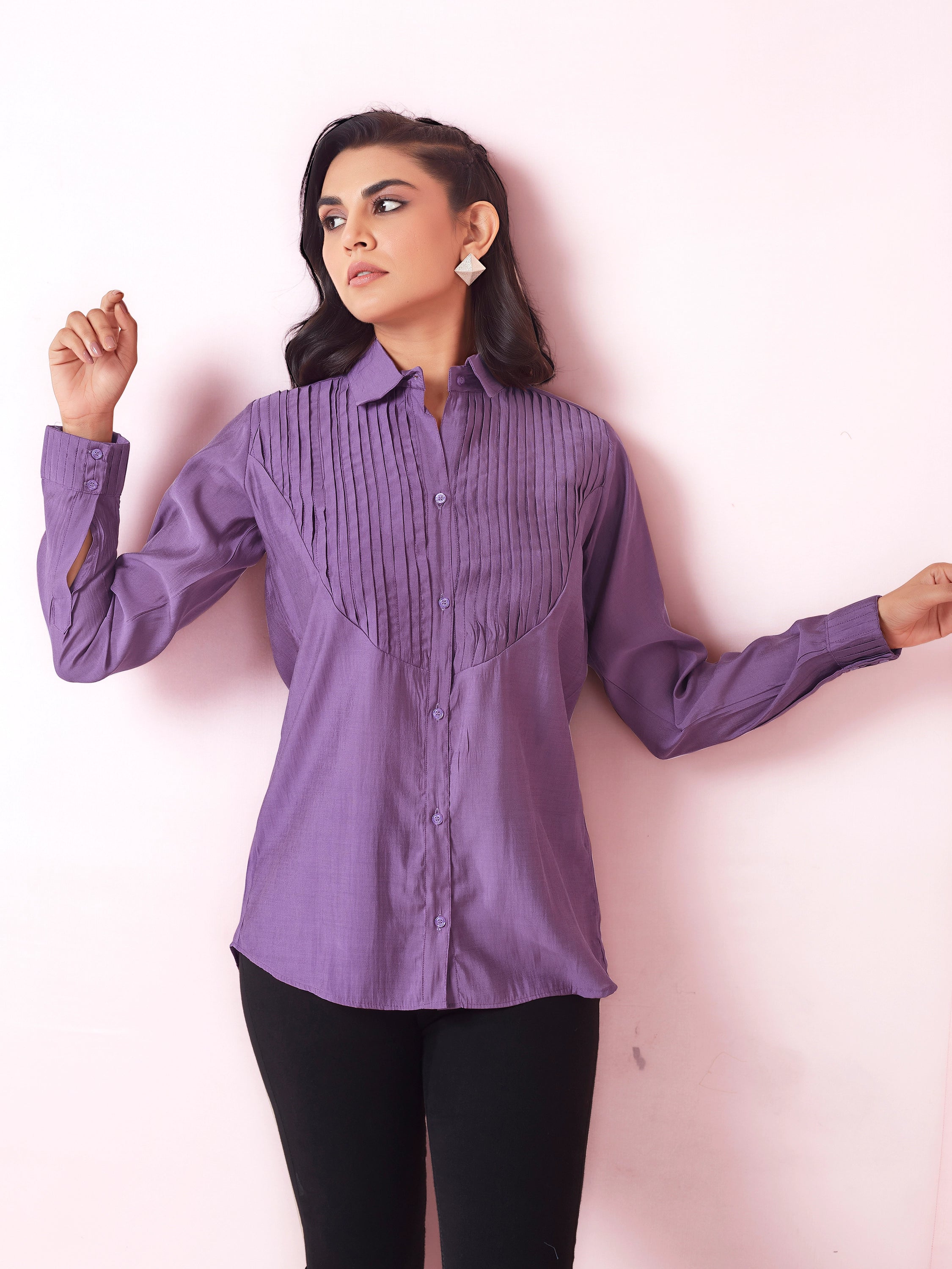 Solid Pleated Collared Shirt - Dark Lilac