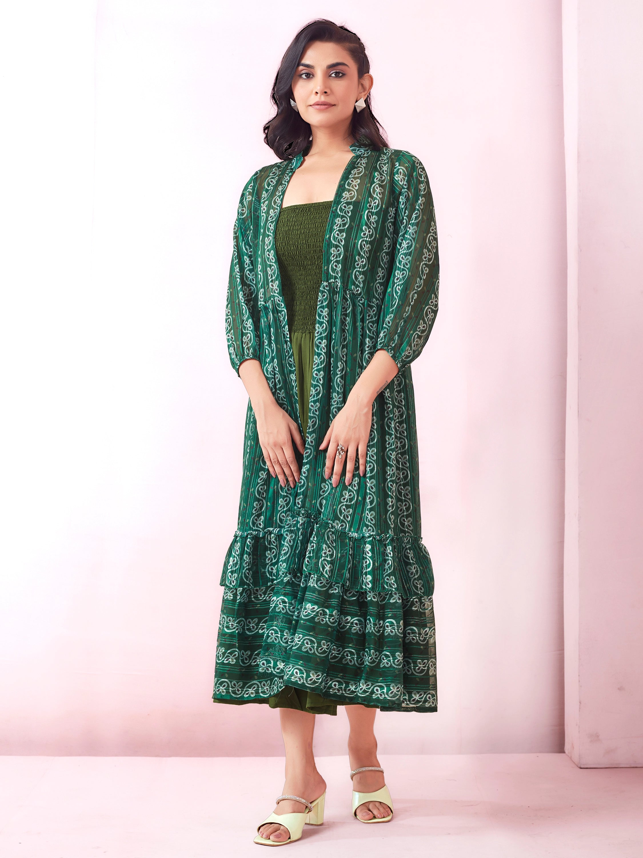 Green Smocked Midi With Geometric Printed Jacket And Belt