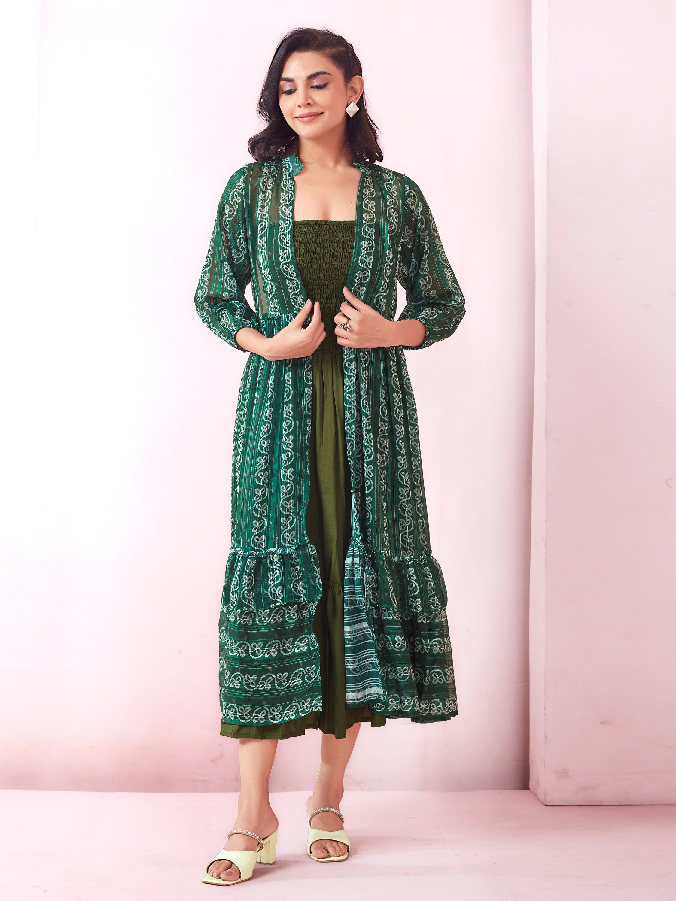 Green Smocked Midi With Geometric Printed Jacket And Belt