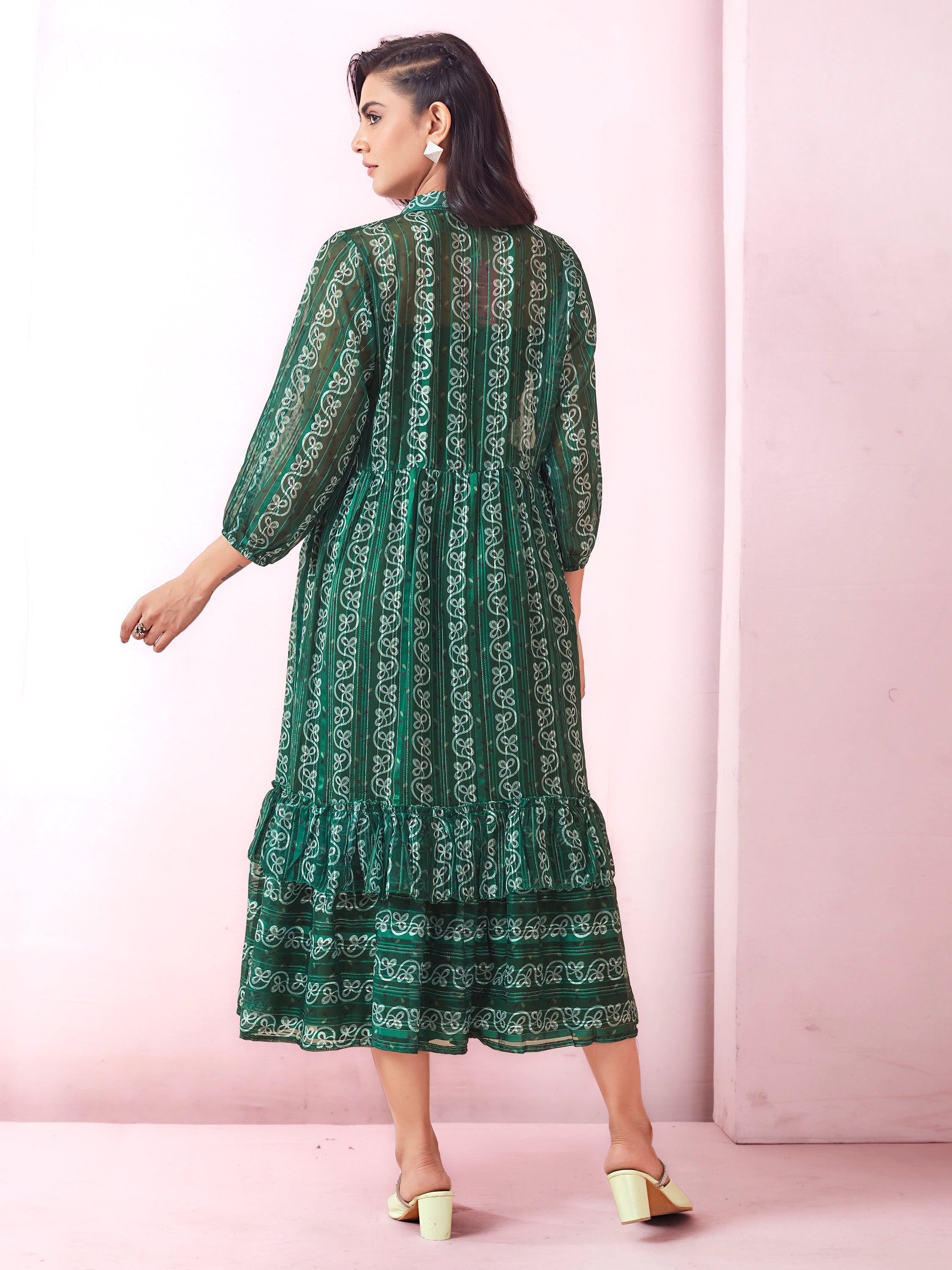 Green Smocked Midi With Geometric Printed Jacket And Belt