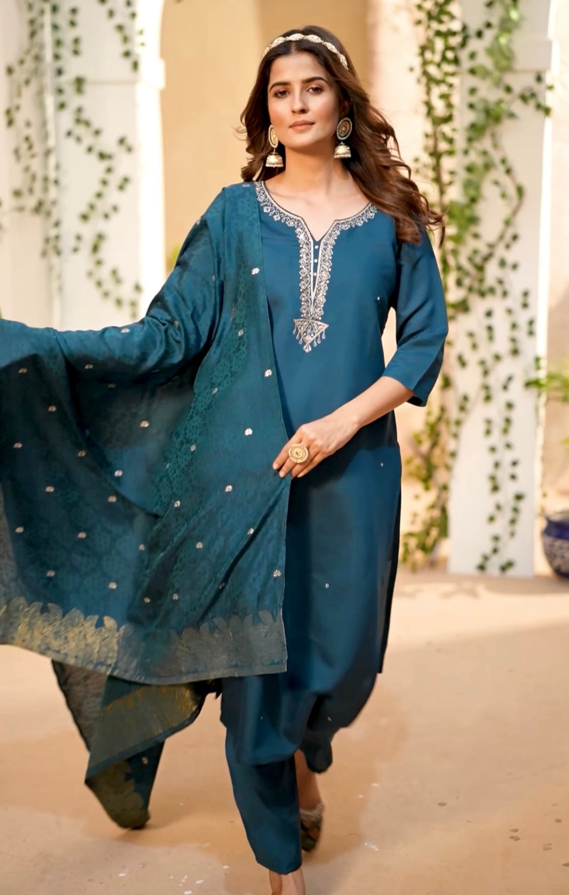 Solid Hand Embroidered Straight Fit Kurta with Pant & Dupatta - Cyan