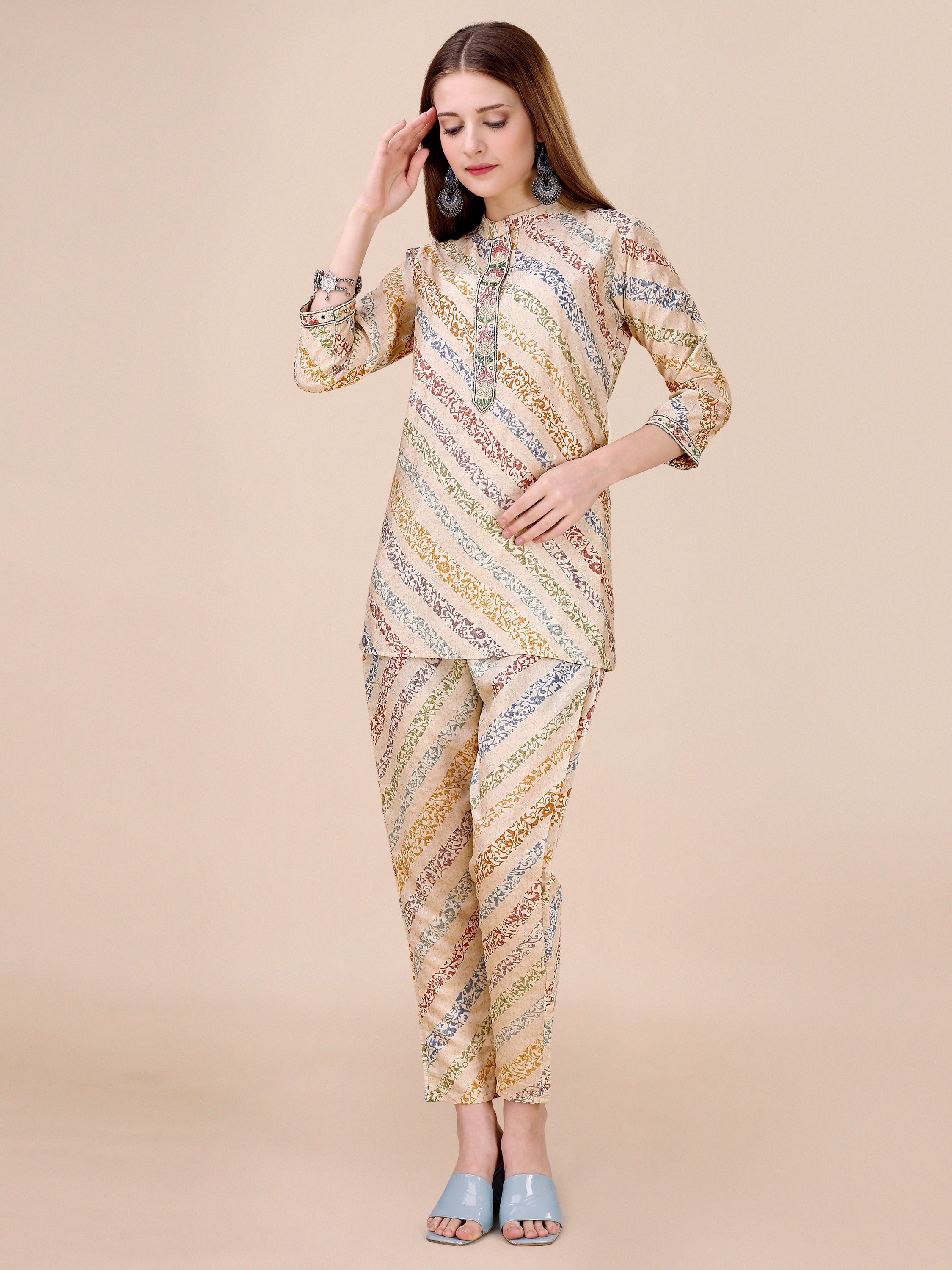 Abstract Leheriya Printed Cutdana, Mirror & Pearl Emblished Co-ord Set - Antique White