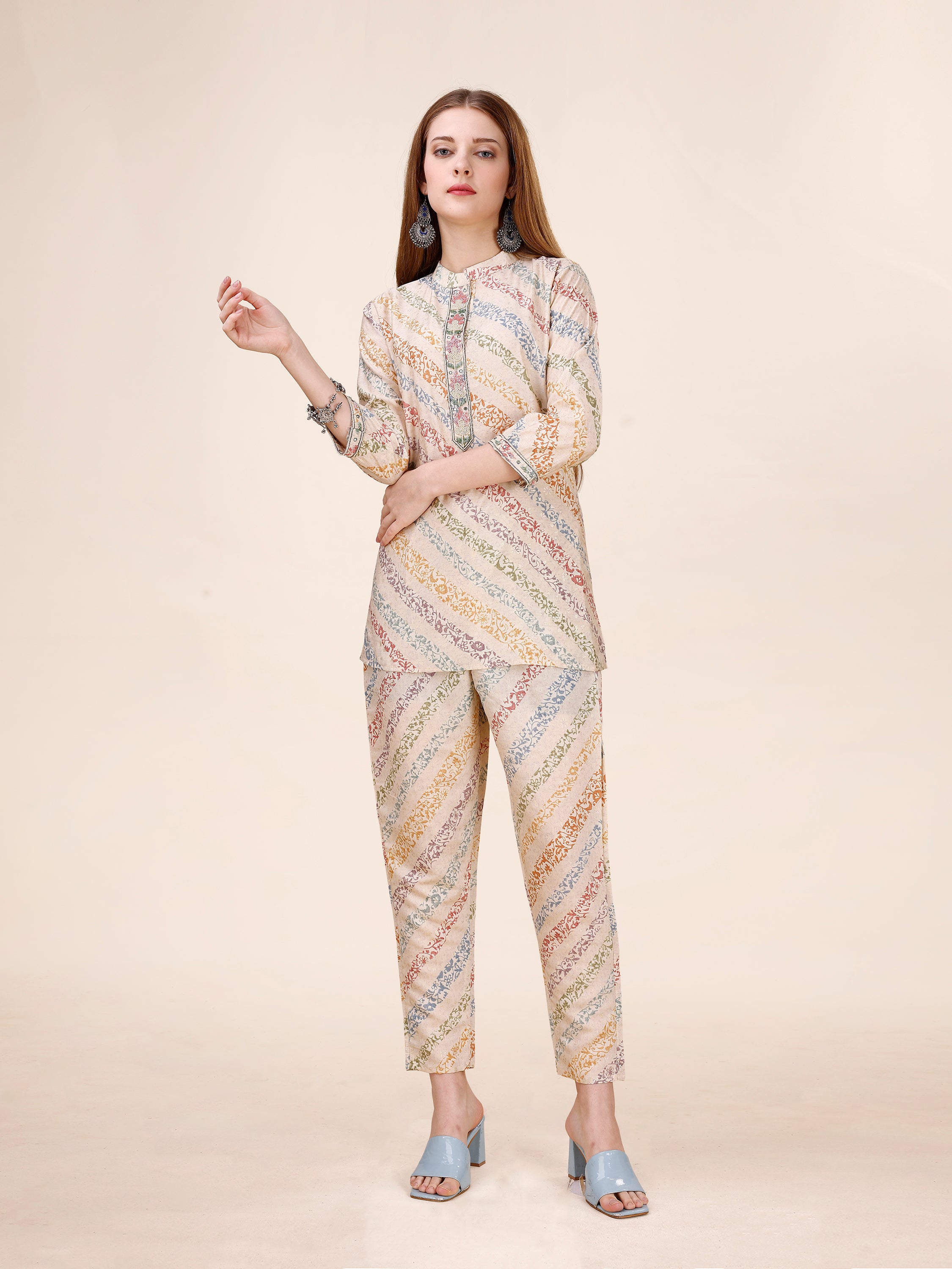 Abstract Leheriya Printed Cutdana, Mirror & Pearl Emblished Co-ord Set - Antique White