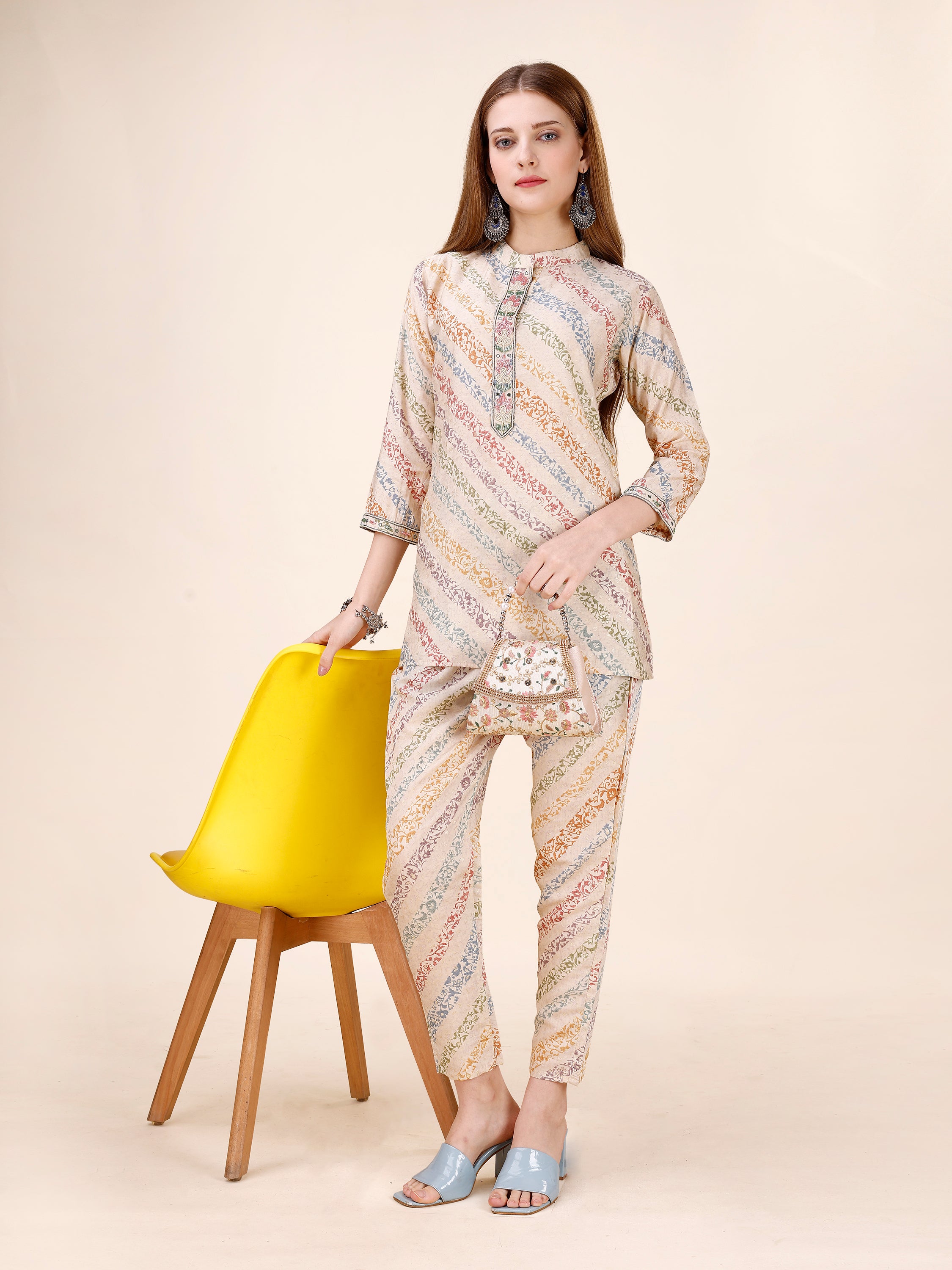 Abstract Leheriya Printed Cutdana, Mirror & Pearl Emblished Co-ord Set - Antique White