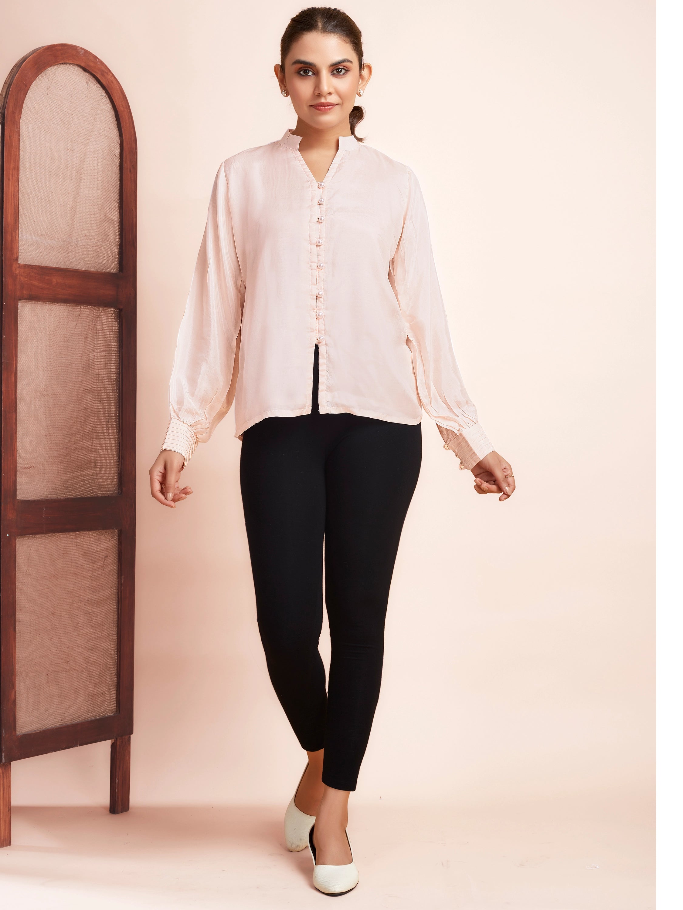 Long Sleeve V-Neck Formal Top - Peach