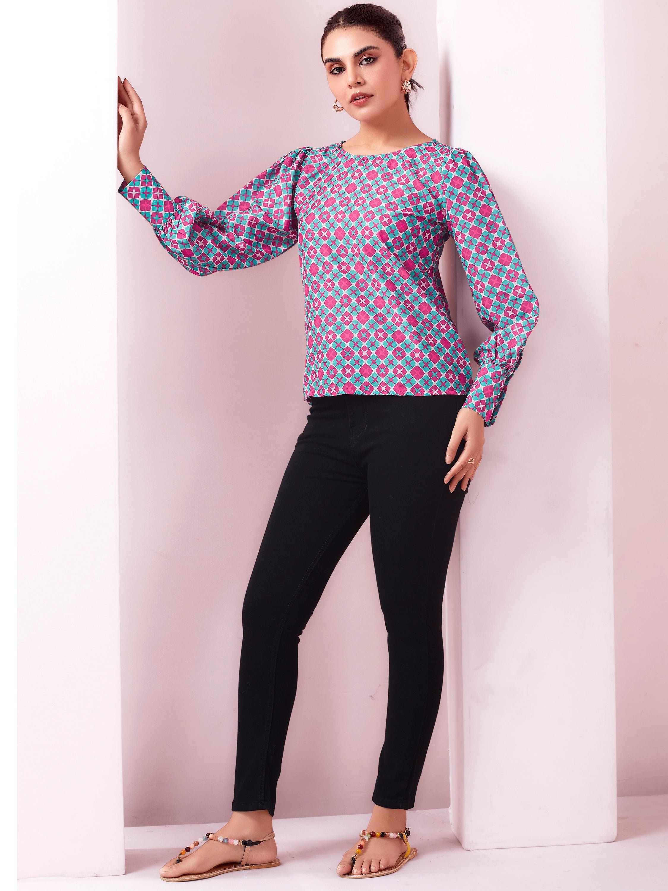 Geometric Printed Full Sleeve Boat Neck Top - Pink And Cyan