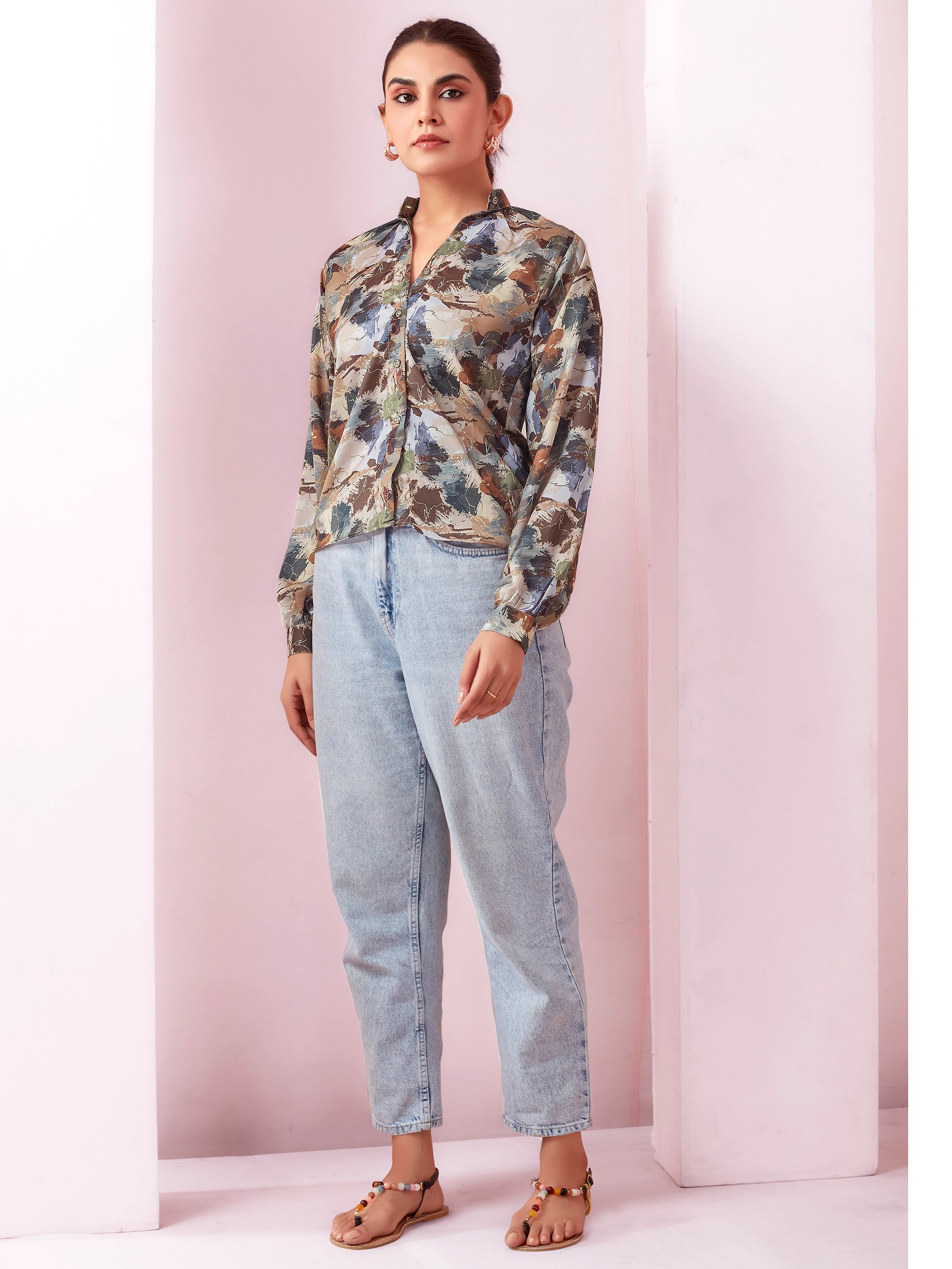 Mandarin Collar Satin Printed Shirt