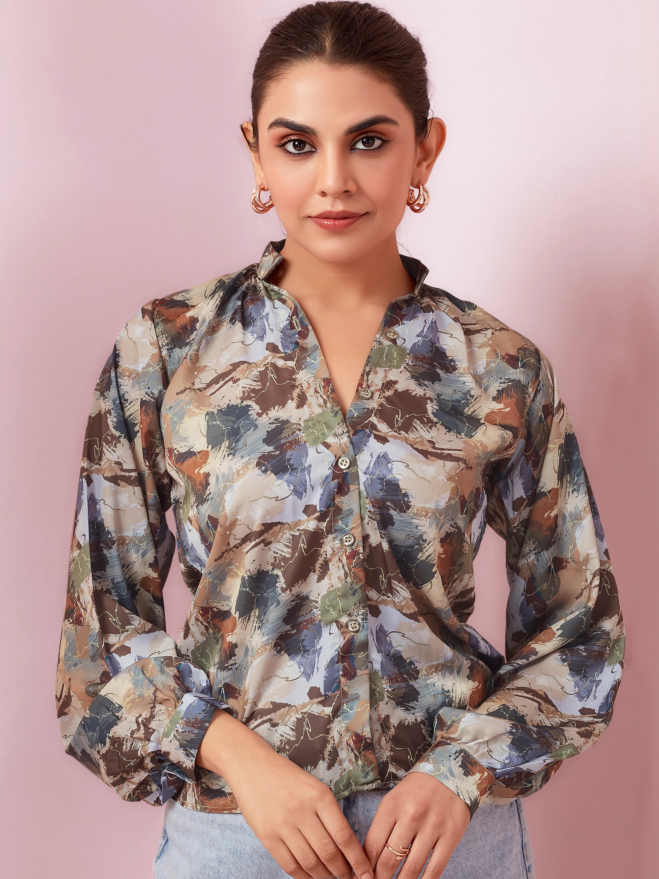 Mandarin Collar Satin Printed Shirt