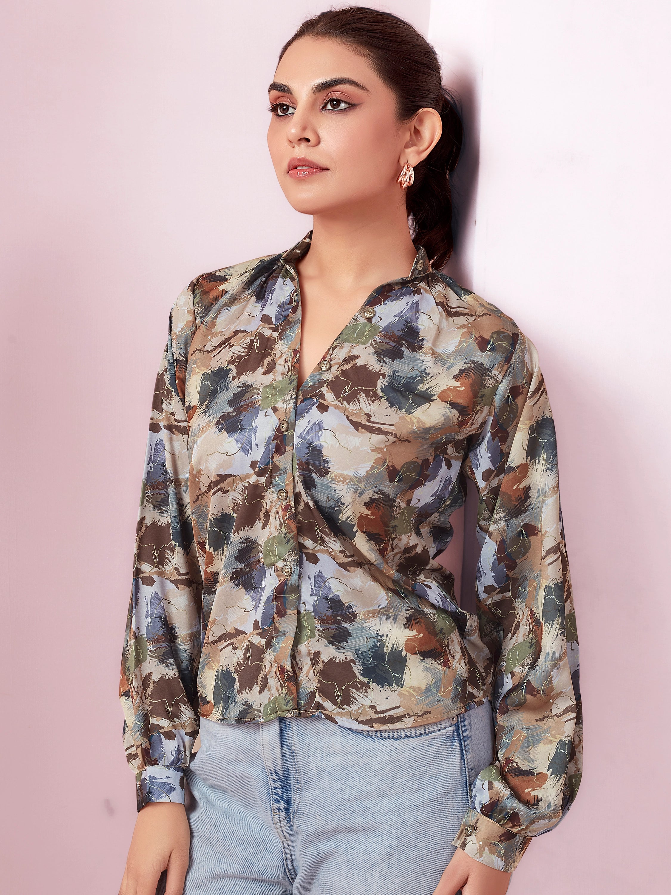 Mandarin Collar Satin Printed Shirt