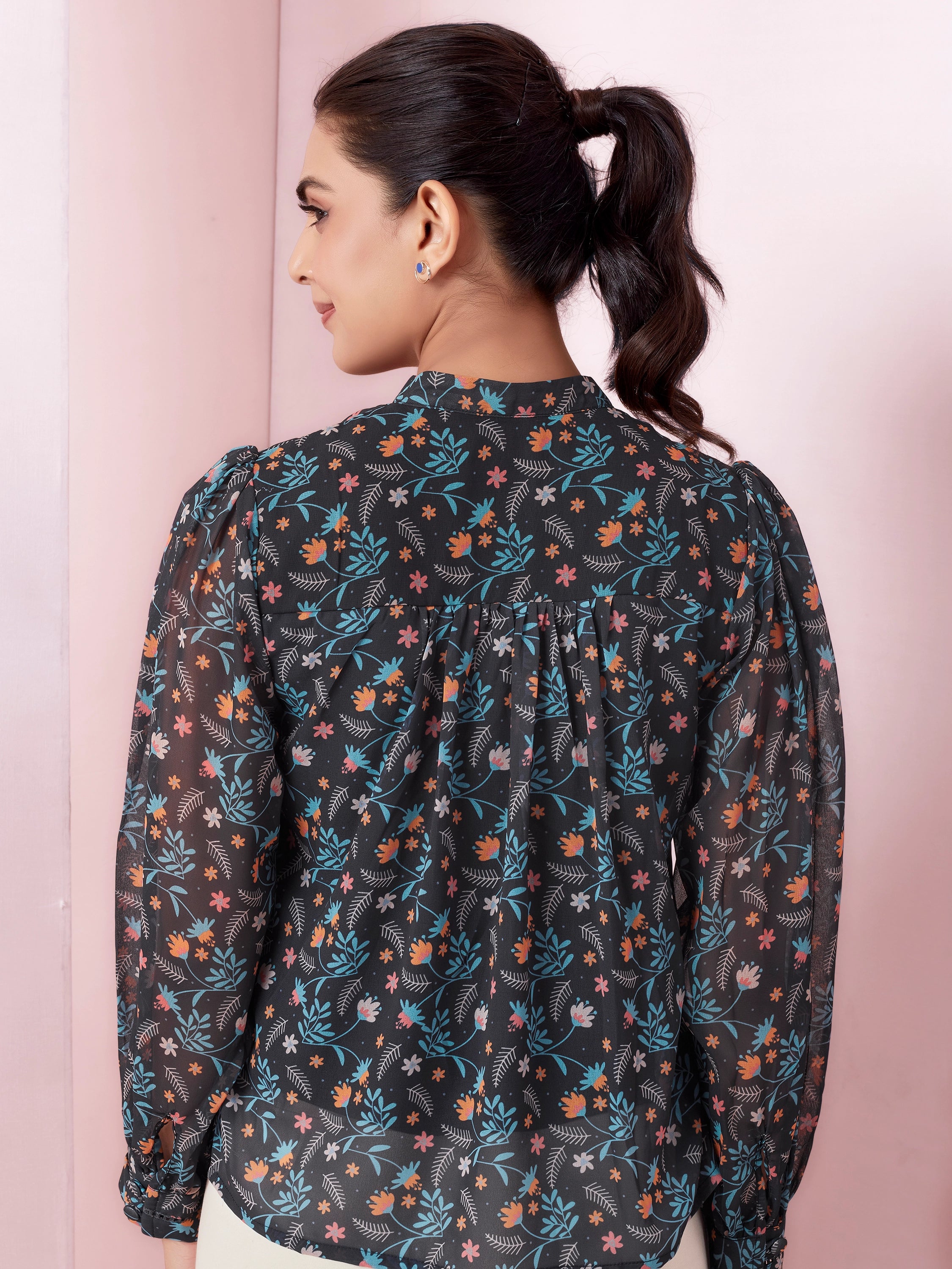 Black Floral Print Mandarin Collar V Neck Casual Wear Georgette Top