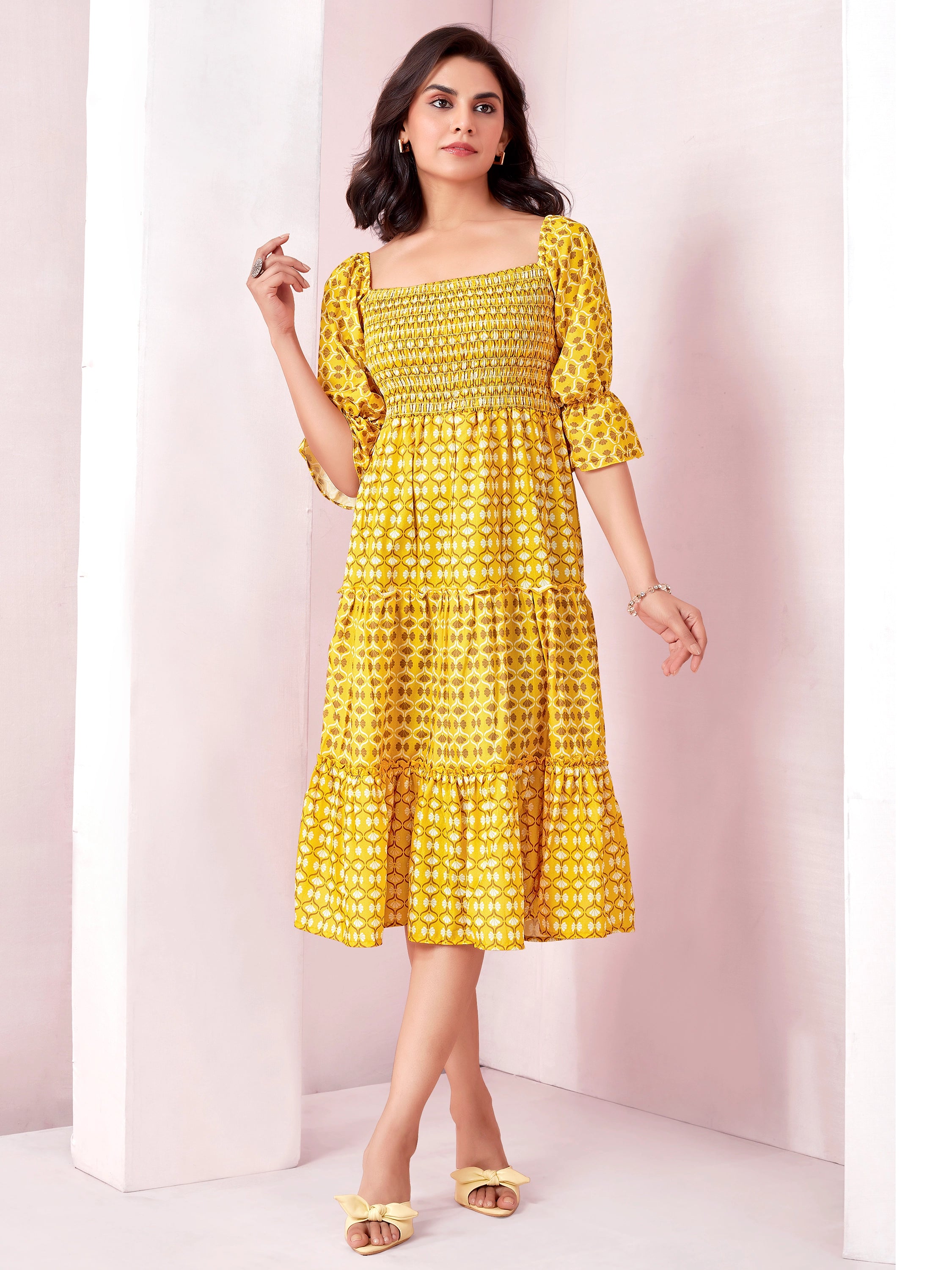 Yellow Geometric Print Smocked A-Line Tiered Midi Dress