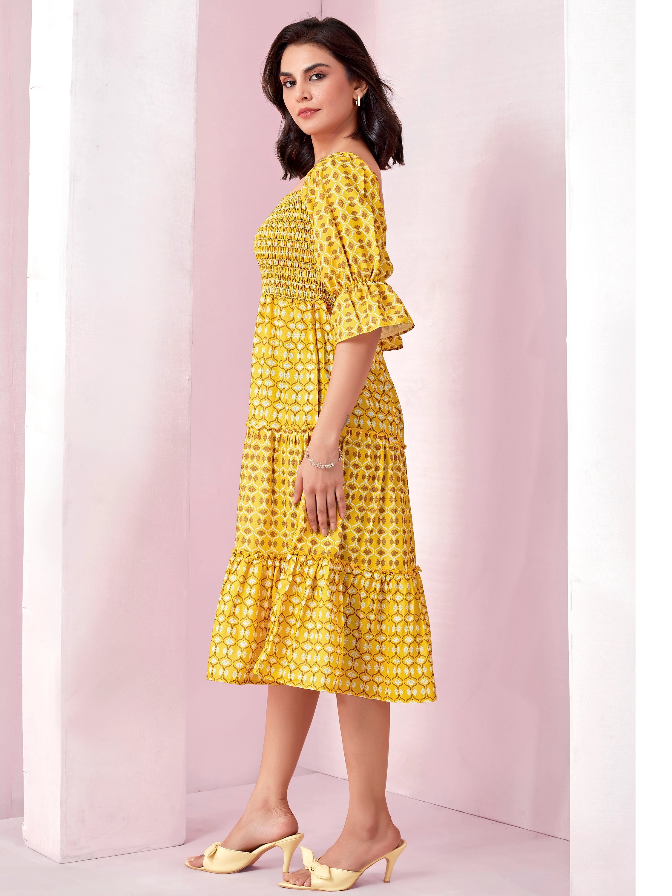 Yellow Geometric Print Smocked A-Line Tiered Midi Dress