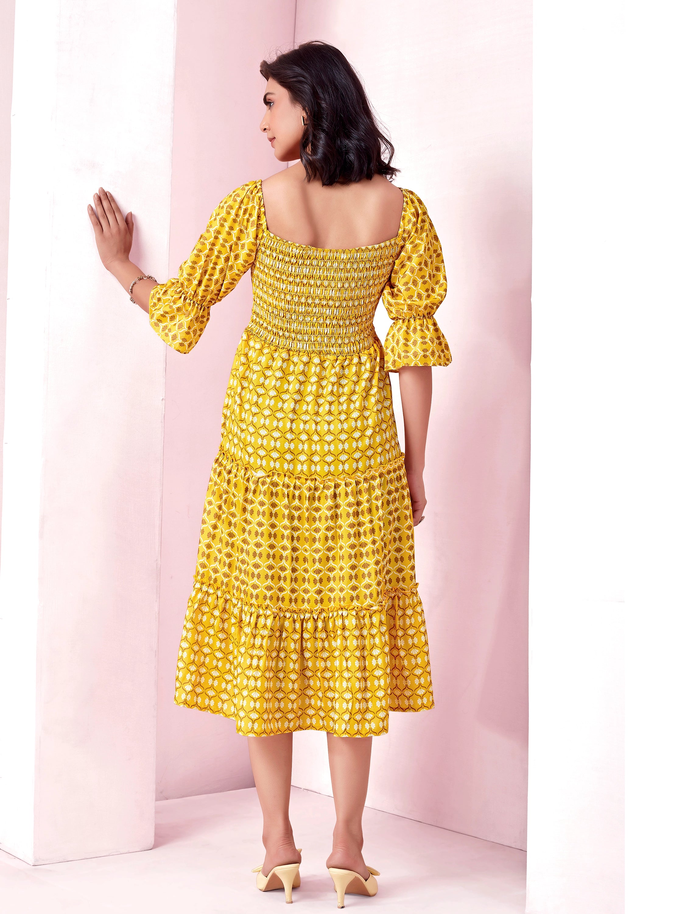 Yellow Geometric Print Smocked A-Line Tiered Midi Dress