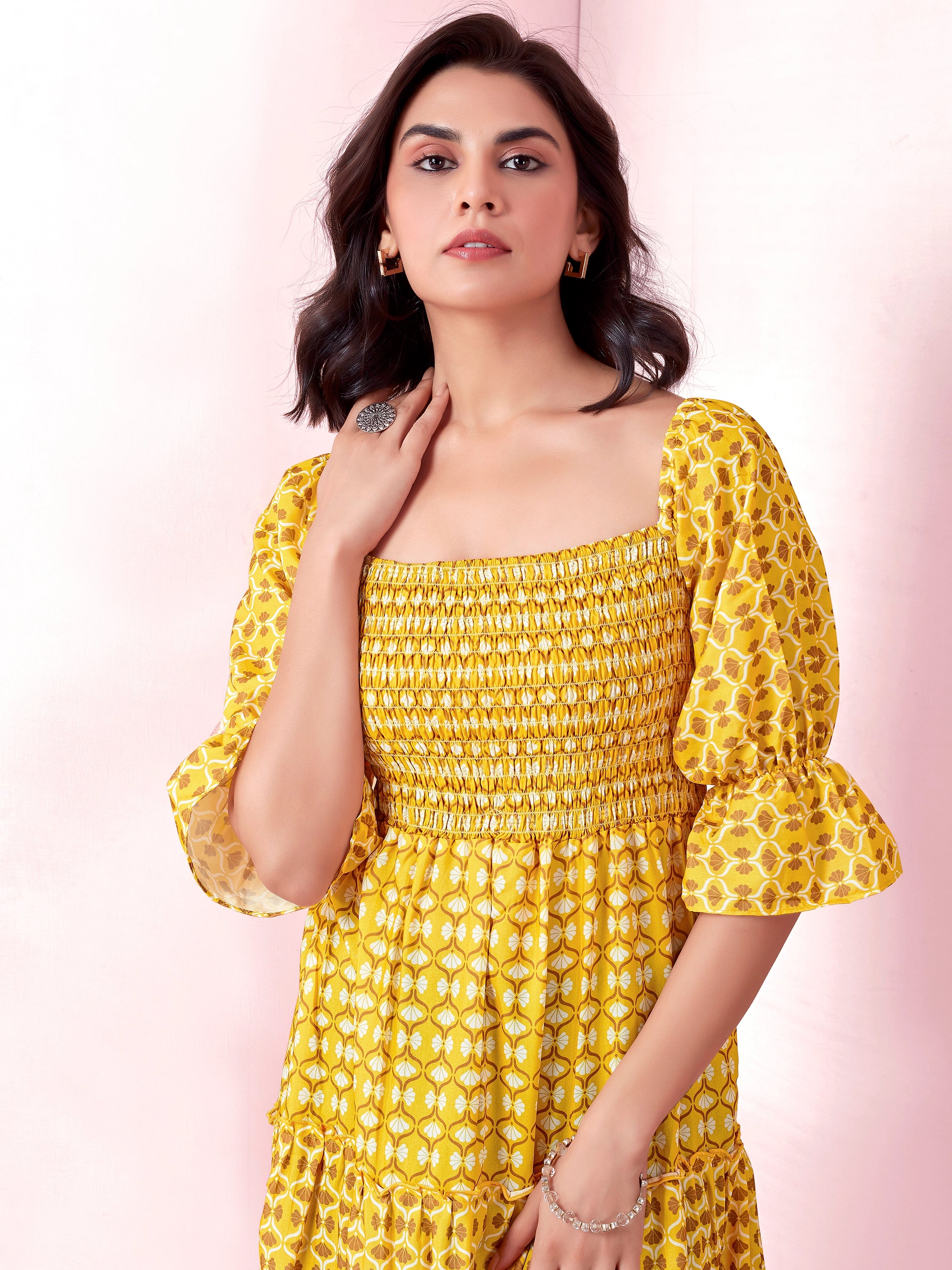 Yellow Geometric Print Smocked A-Line Tiered Midi Dress