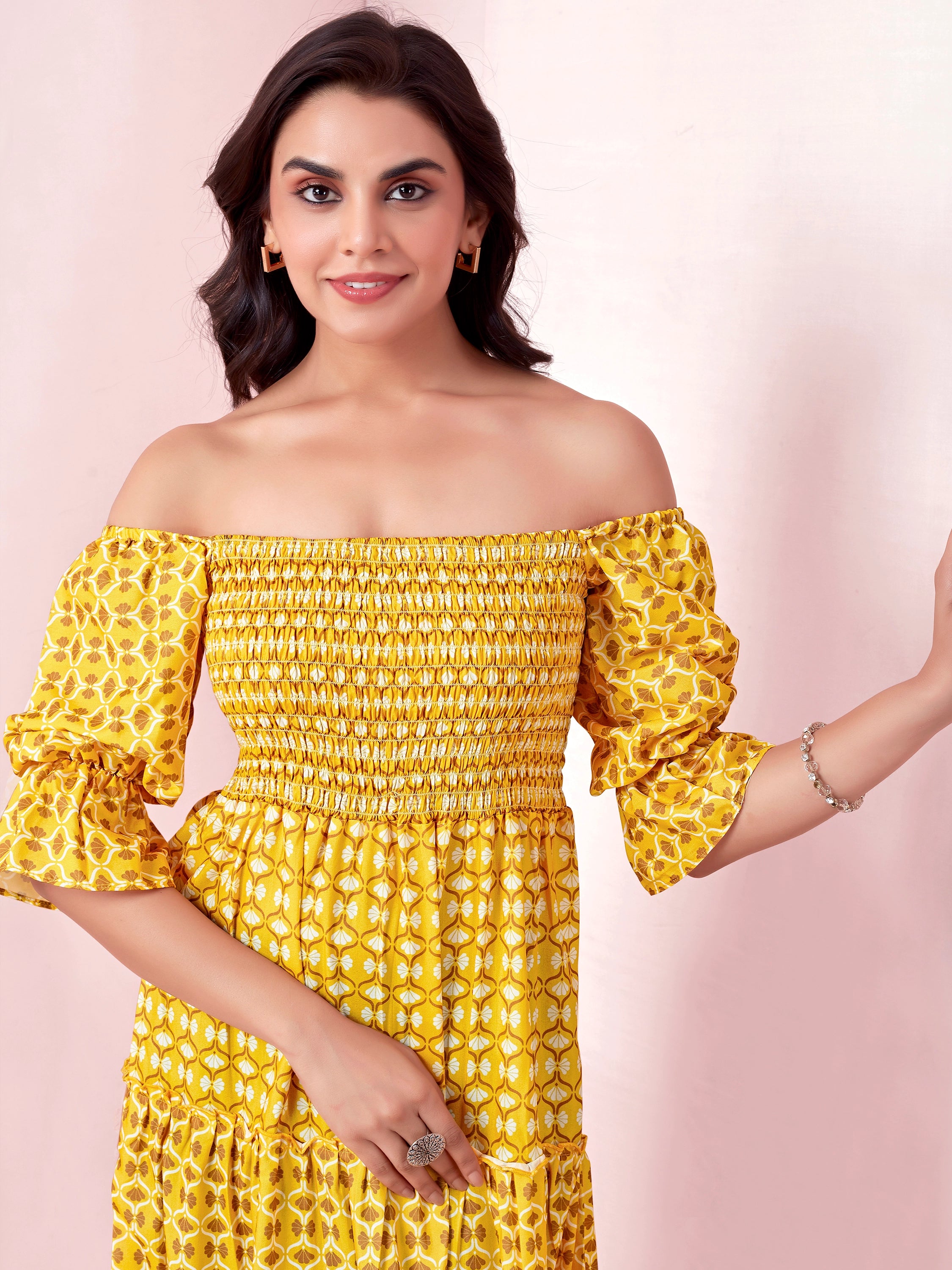 Yellow Geometric Print Smocked A-Line Tiered Midi Dress