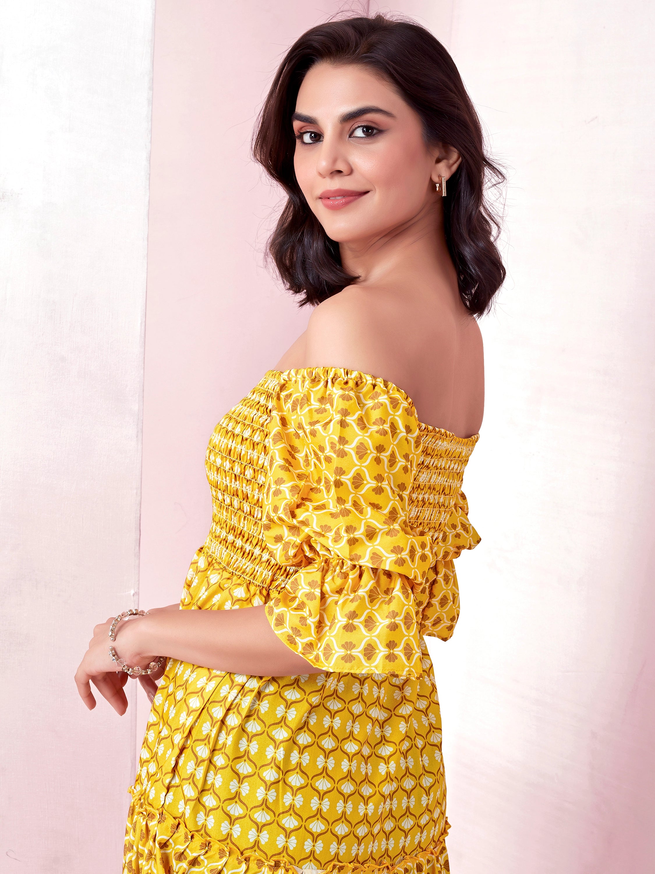 Yellow Geometric Print Smocked A-Line Tiered Midi Dress