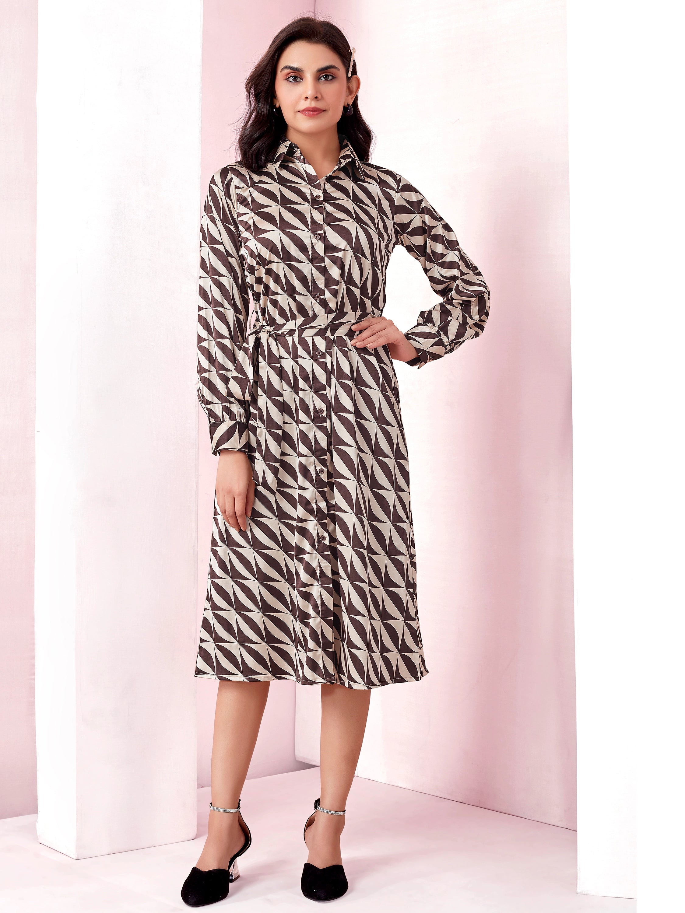 Brown Geometric Print Full Sleeve Long Shirt Dress With Belt