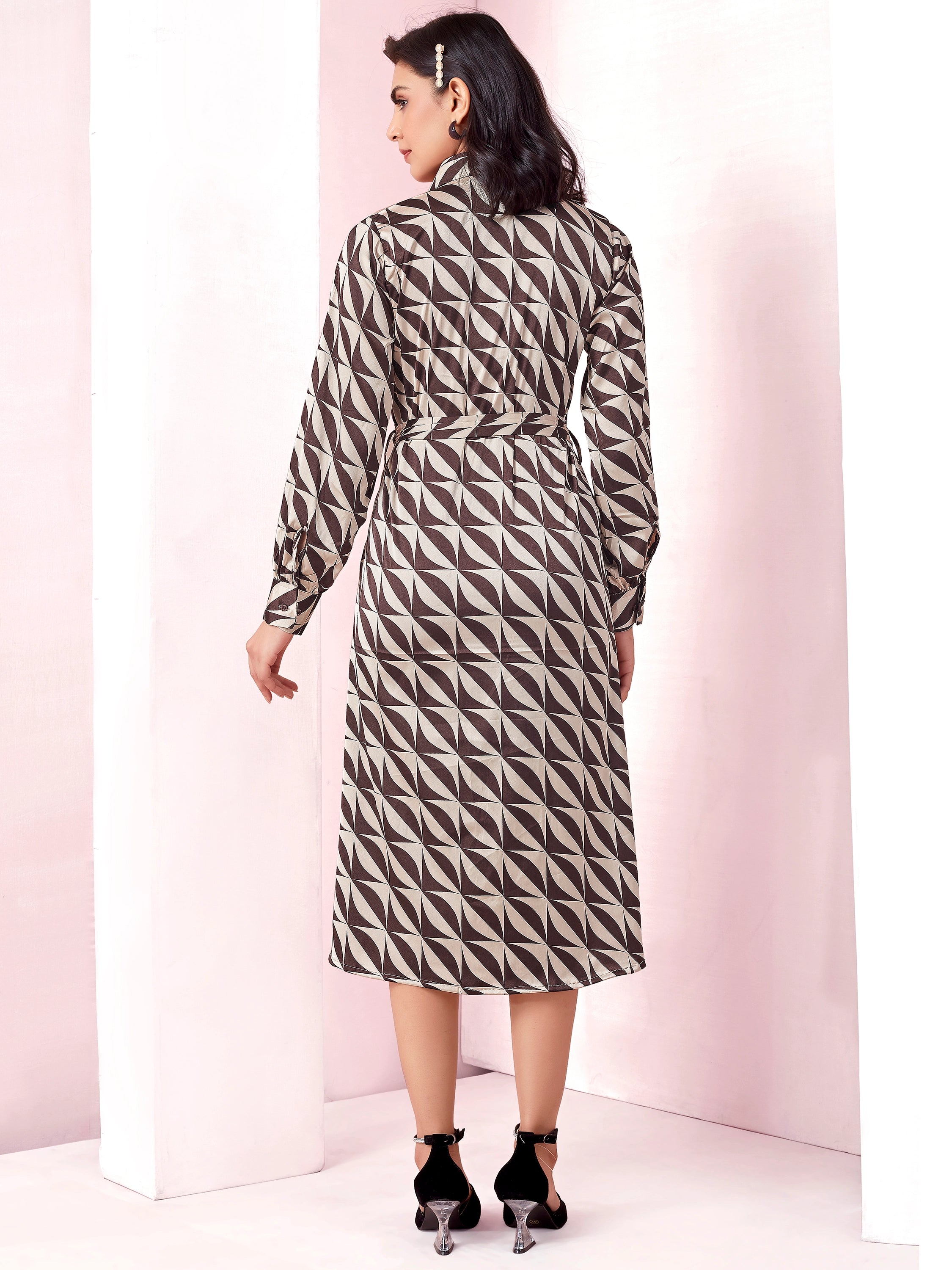 Brown Geometric Print Full Sleeve Long Shirt Dress With Belt