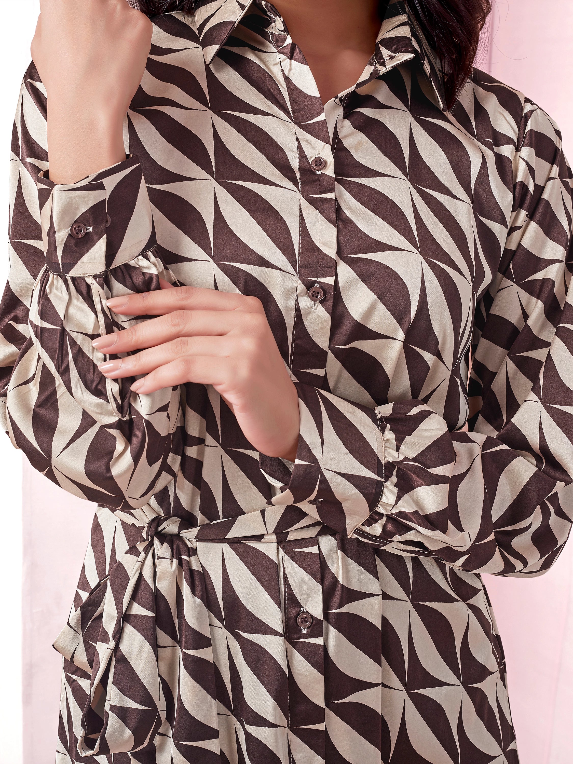 Brown Geometric Print Full Sleeve Long Shirt Dress With Belt