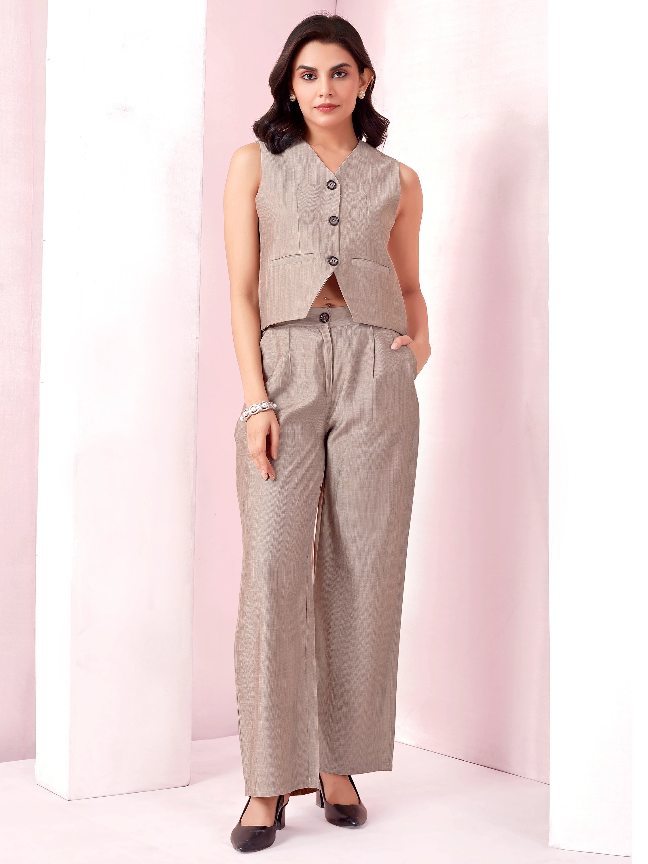 Waistcoat And Trousers Co-ord Set - Dusty Brown