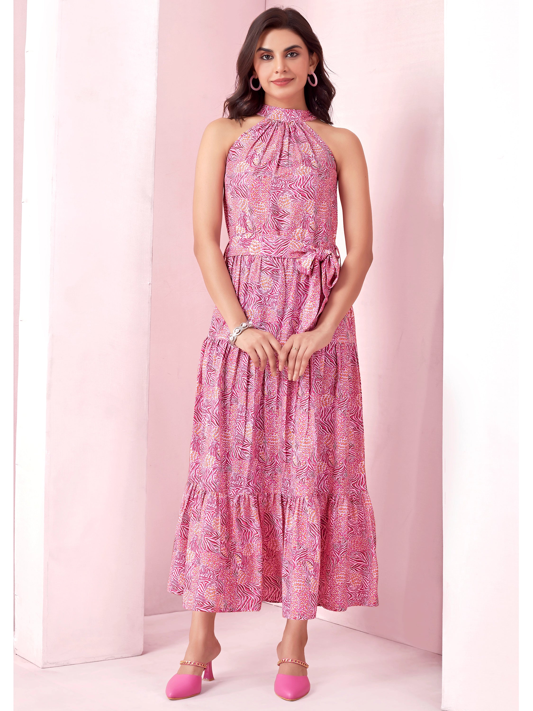 Pink Animal Print Tiered Maxi Dress