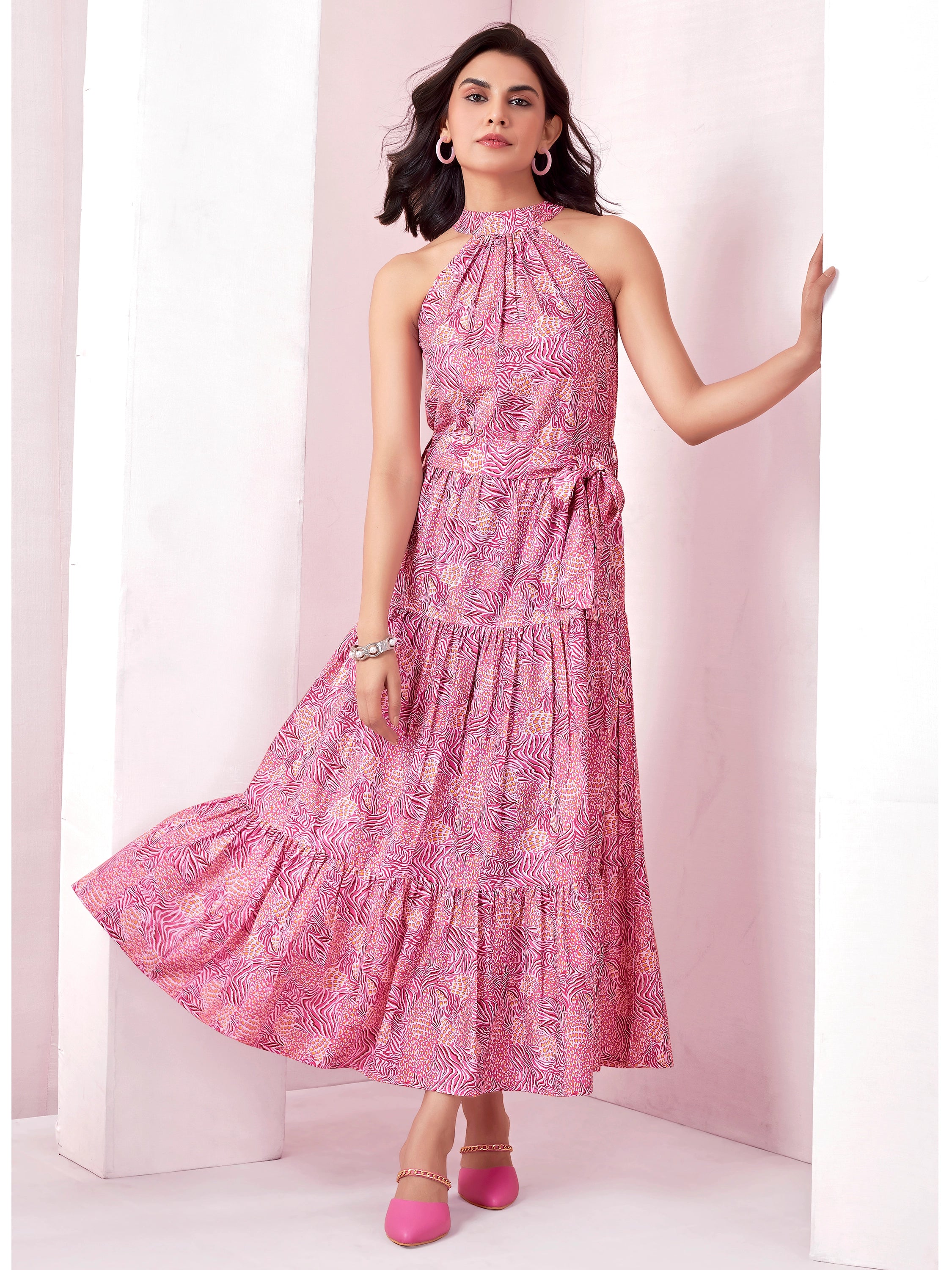 Pink Animal Print Tiered Maxi Dress