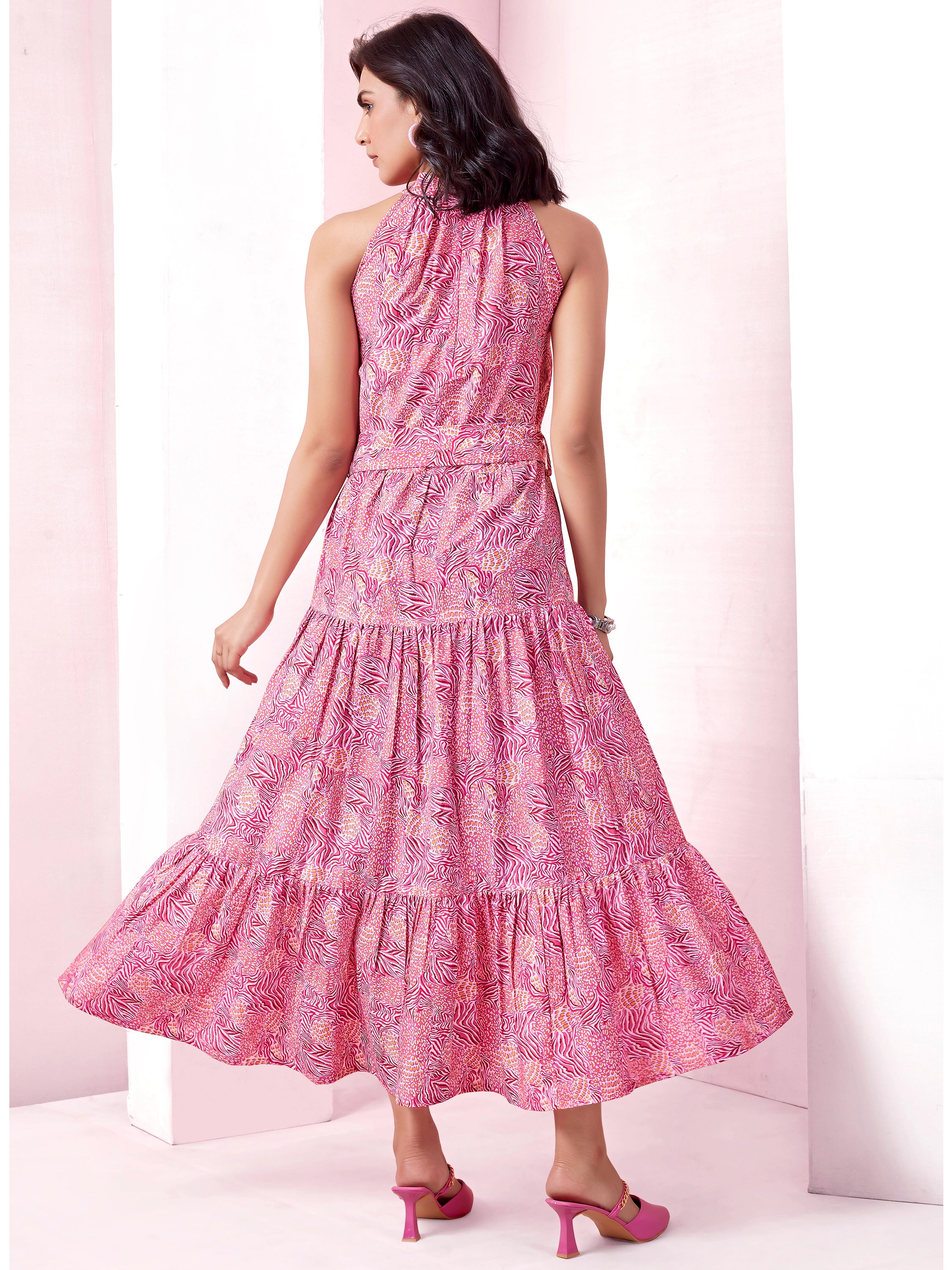 Pink Animal Print Tiered Maxi Dress