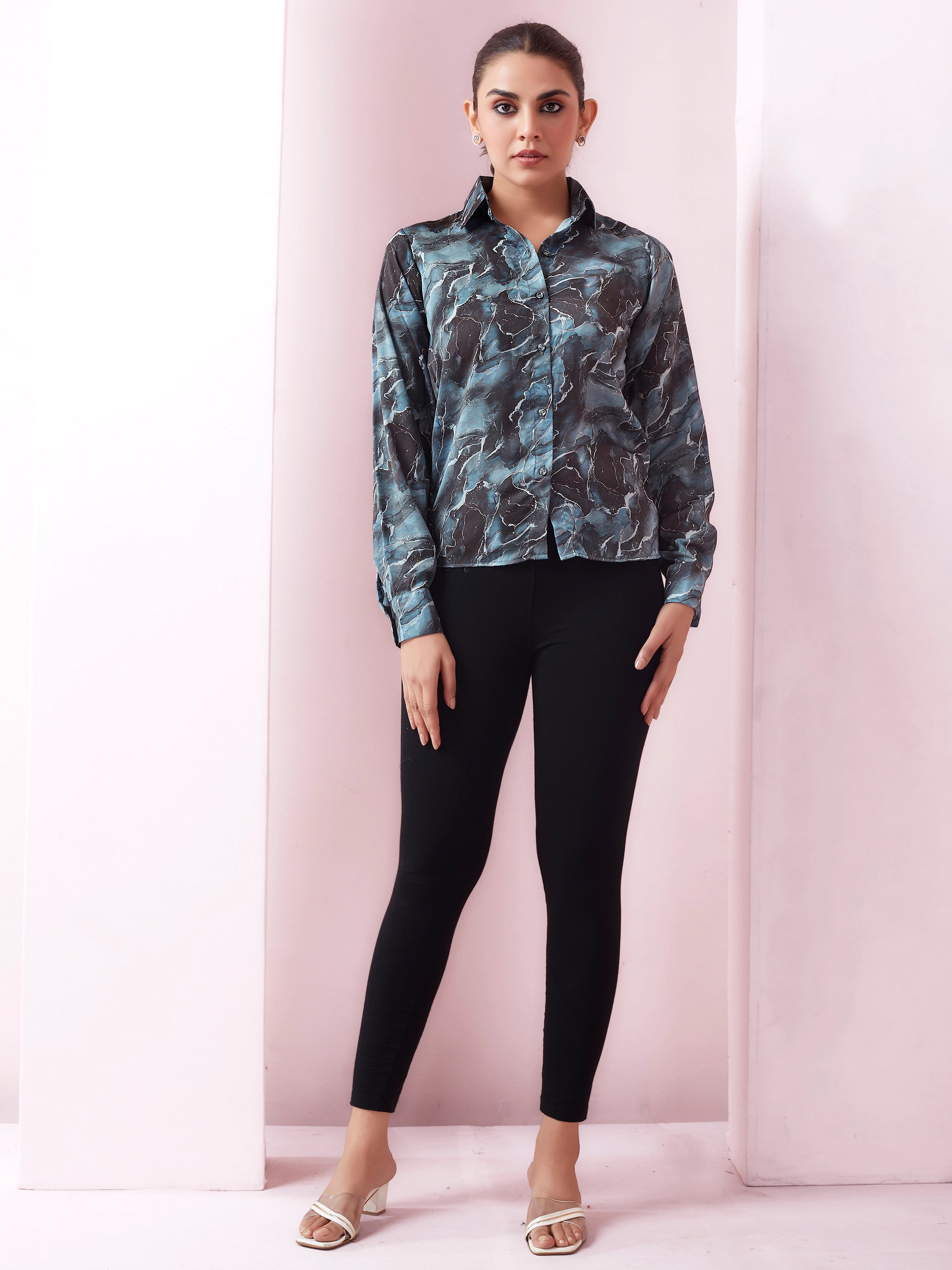 Marble Print Full Sleeves Satin Shirt - Black And Metallic Blue