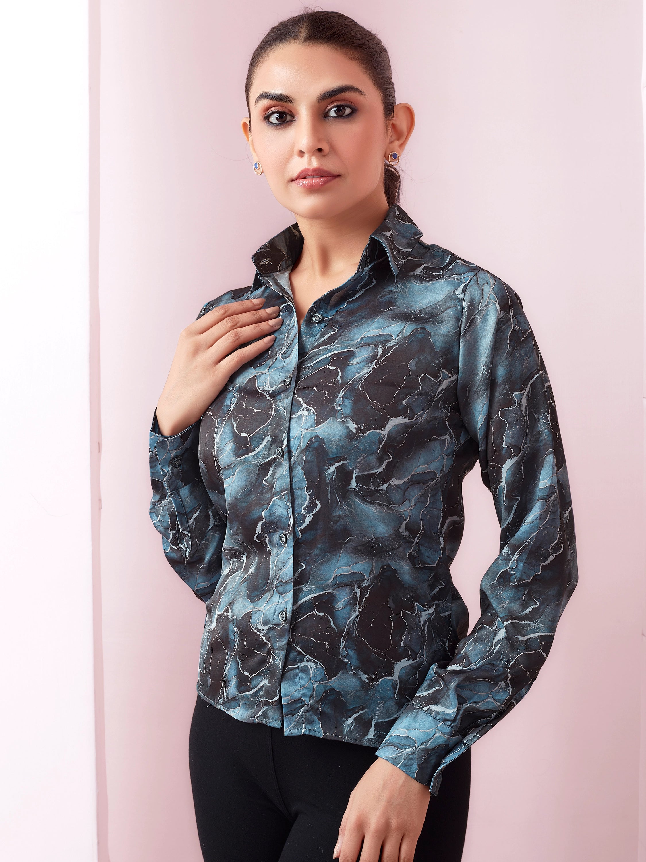 Marble Print Full Sleeves Satin Shirt - Black And Metallic Blue