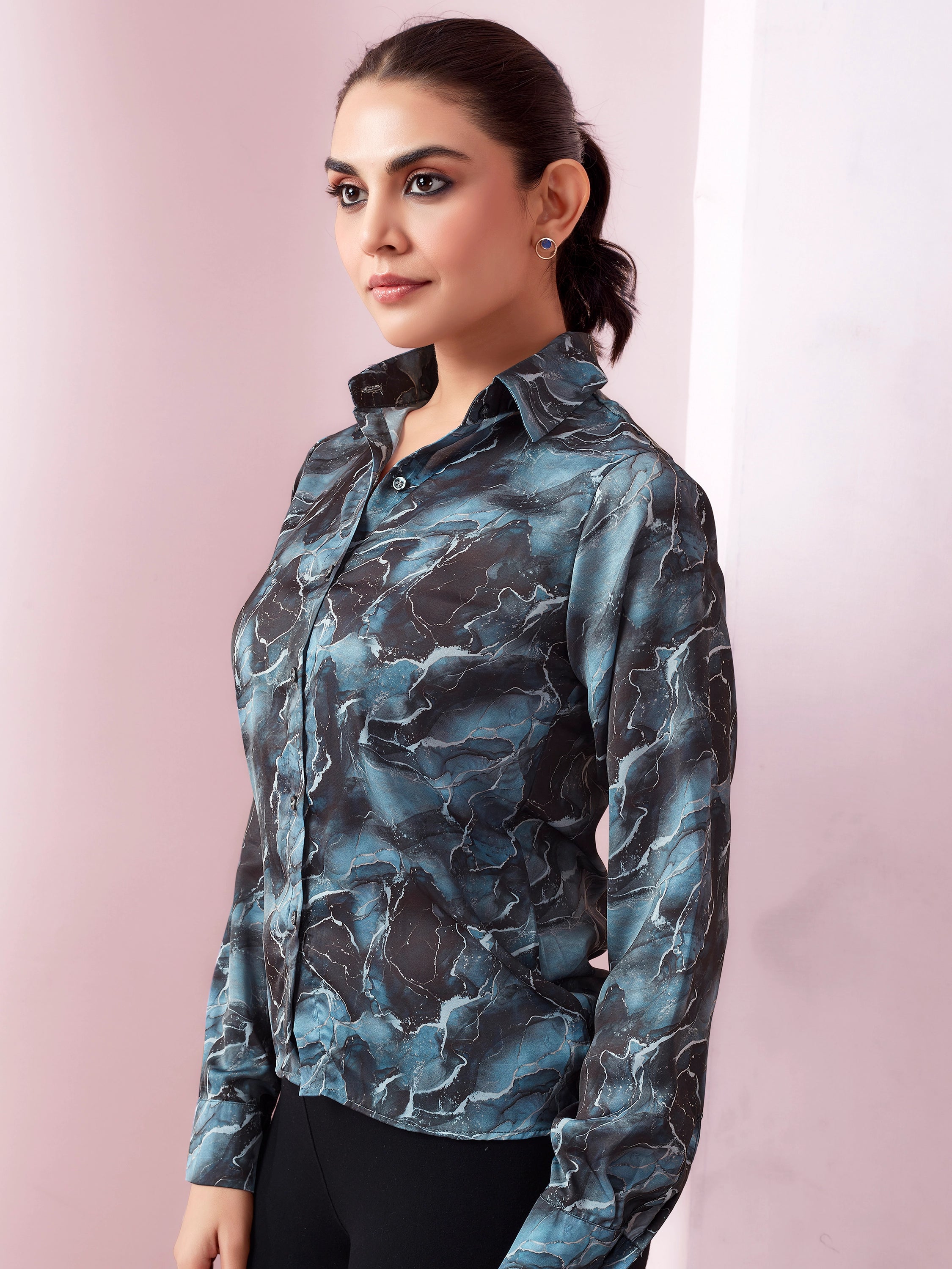 Marble Print Full Sleeves Satin Shirt - Black And Metallic Blue