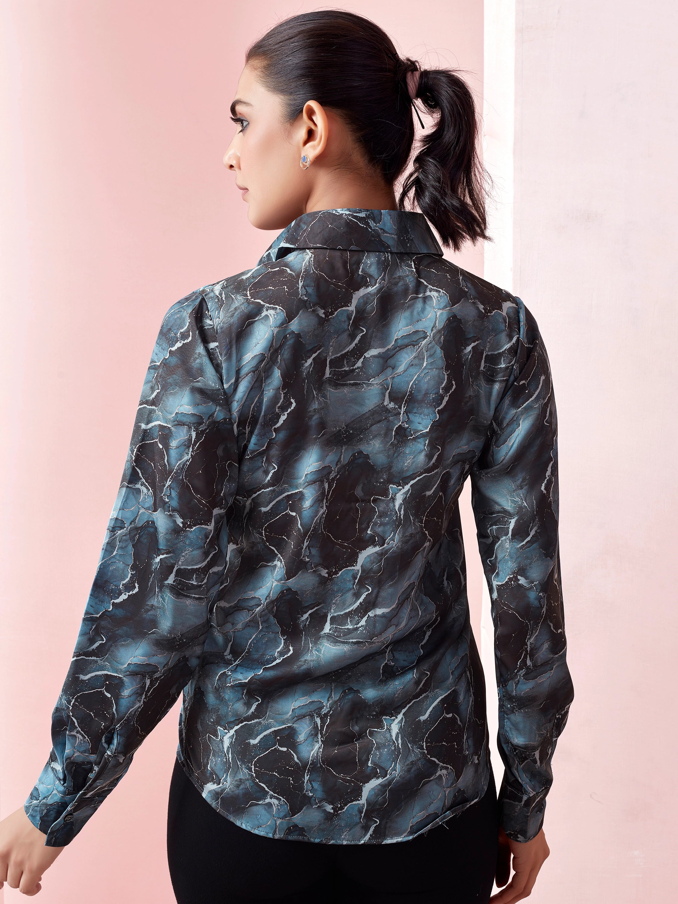 Marble Print Full Sleeves Satin Shirt - Black And Metallic Blue