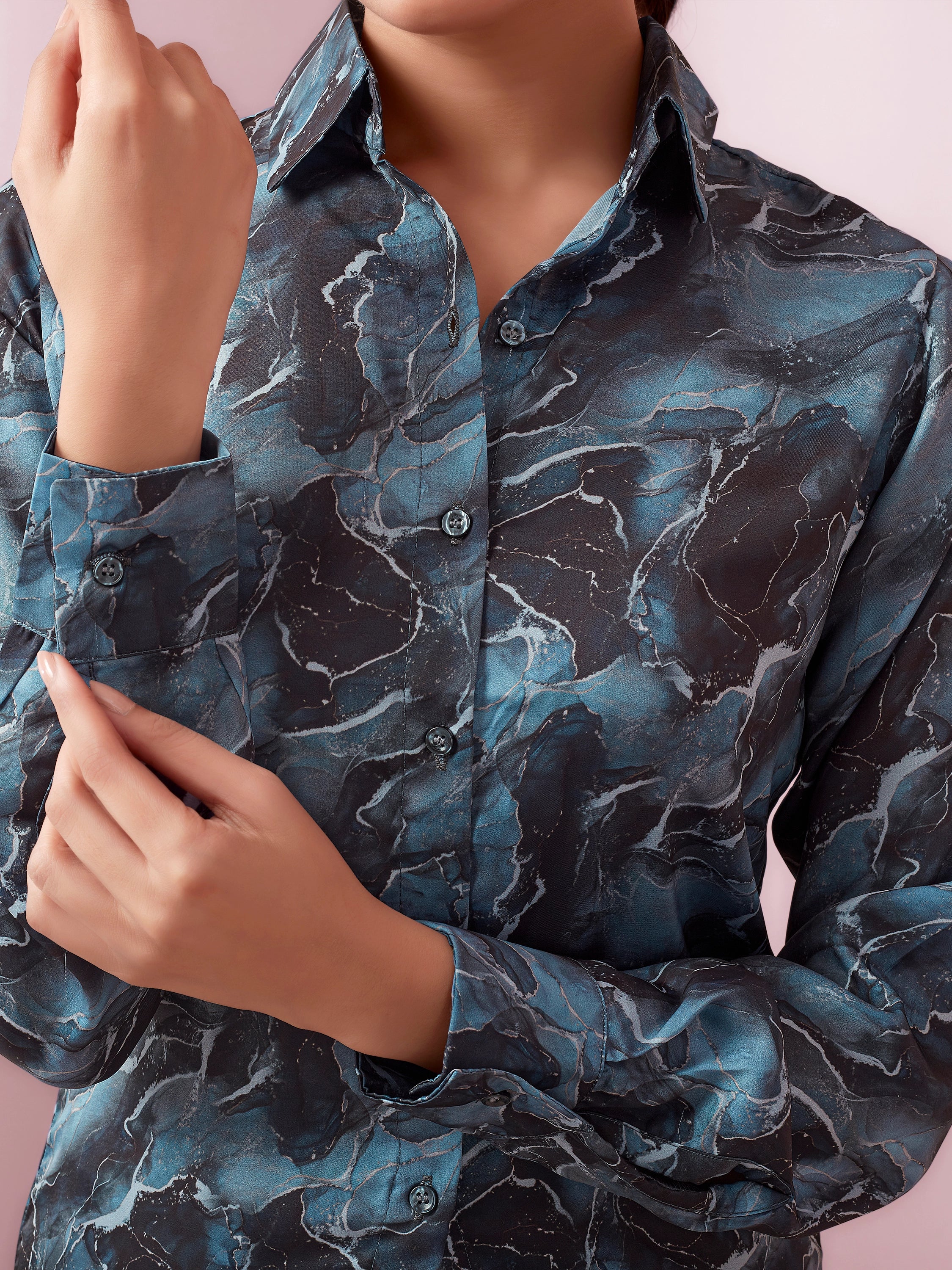 Marble Print Full Sleeves Satin Shirt - Black And Metallic Blue