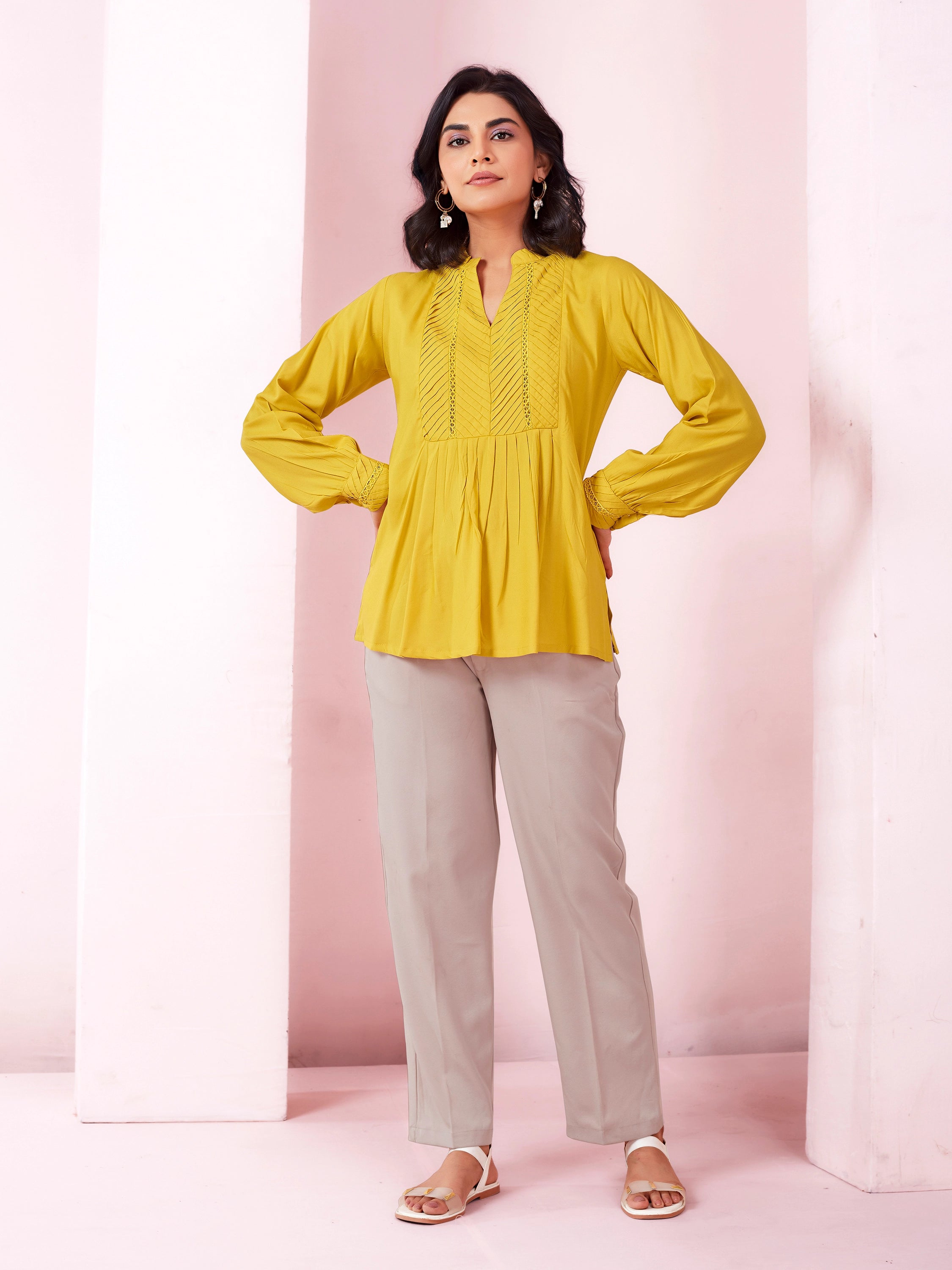 Solid Pleated Formal Full Sleeve Top- Yellow